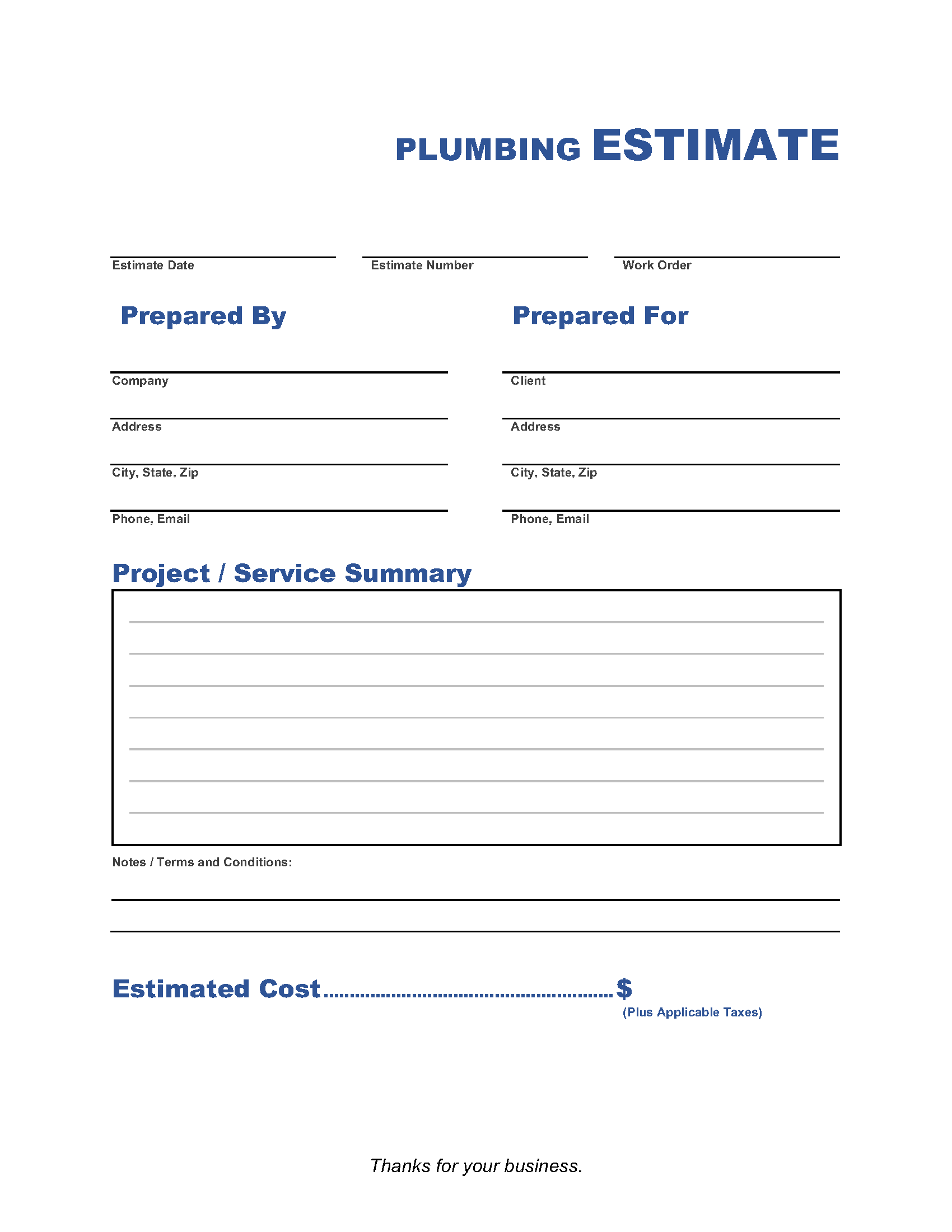 sample plumber estimate template