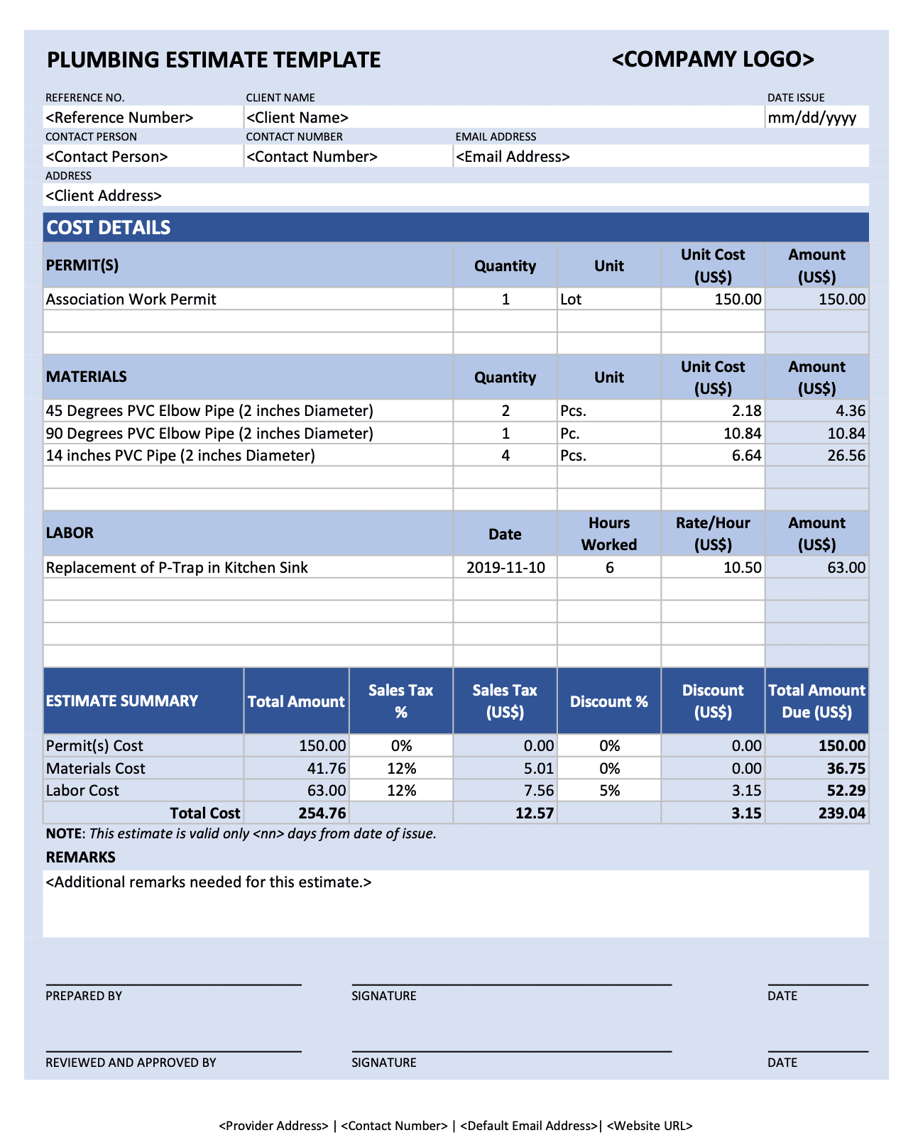 sample plumber estimate template