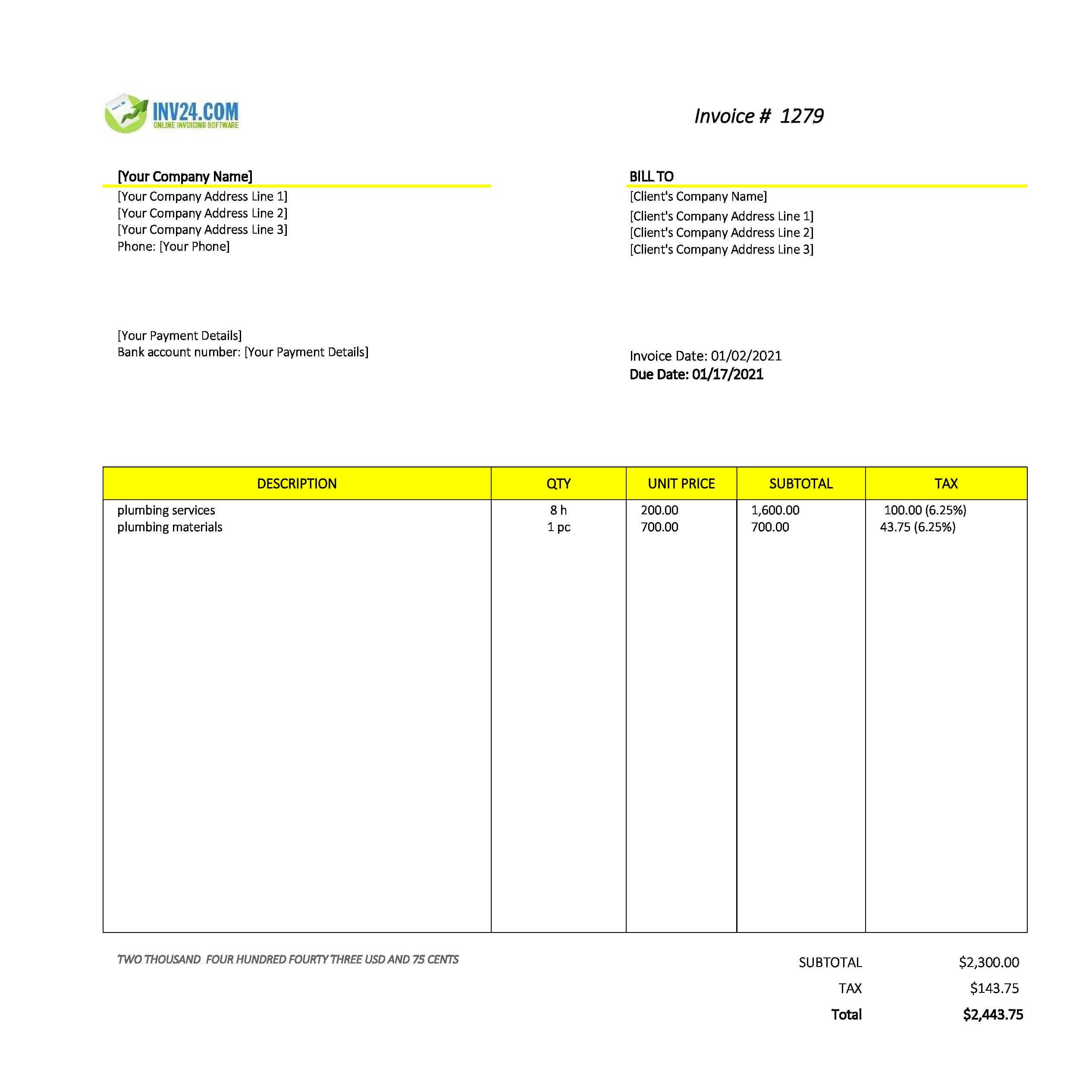 plumbing invoice template