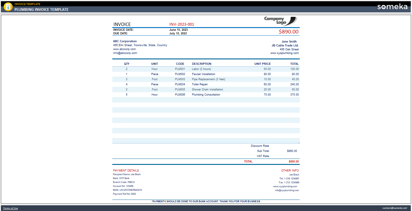 plumbing invoice template