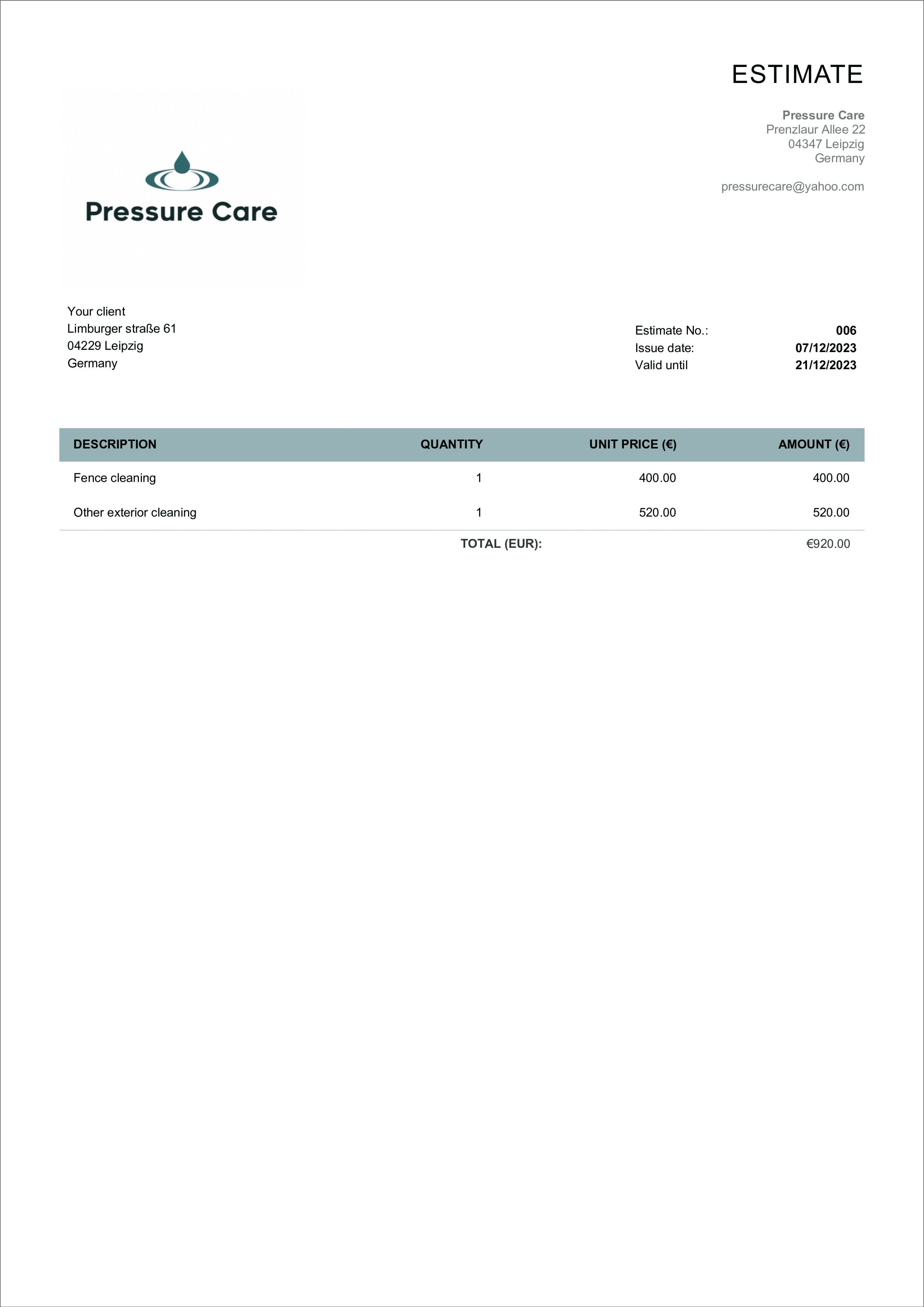 sample pressure washing estimate template