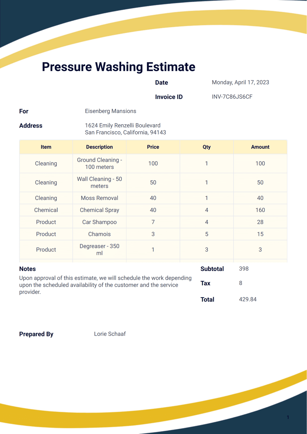 sample pressure washing estimate template