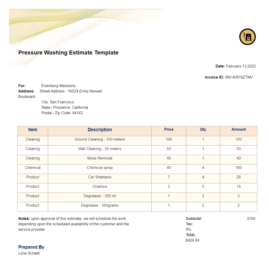 sample pressure washing estimate template