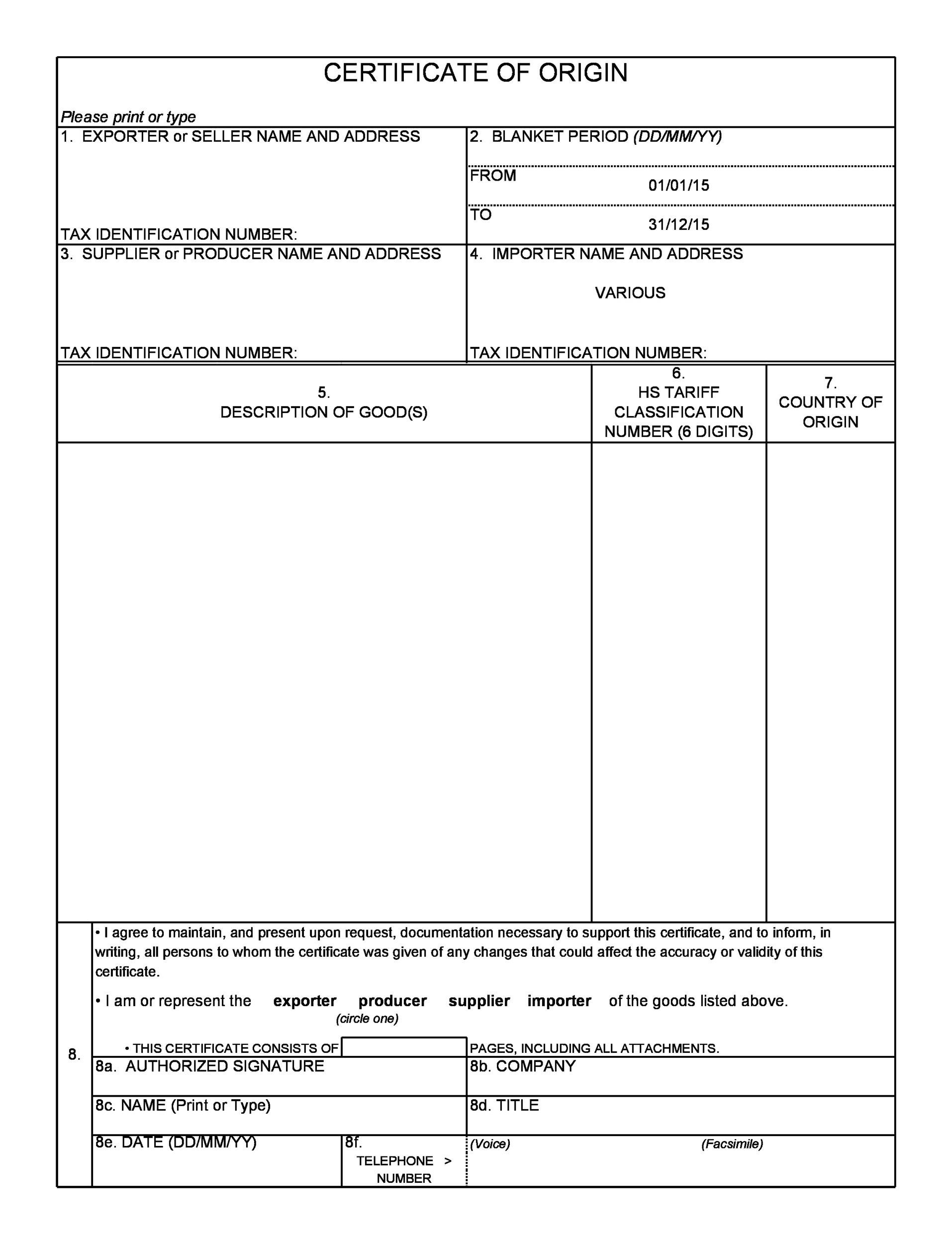 sample origin certificate template