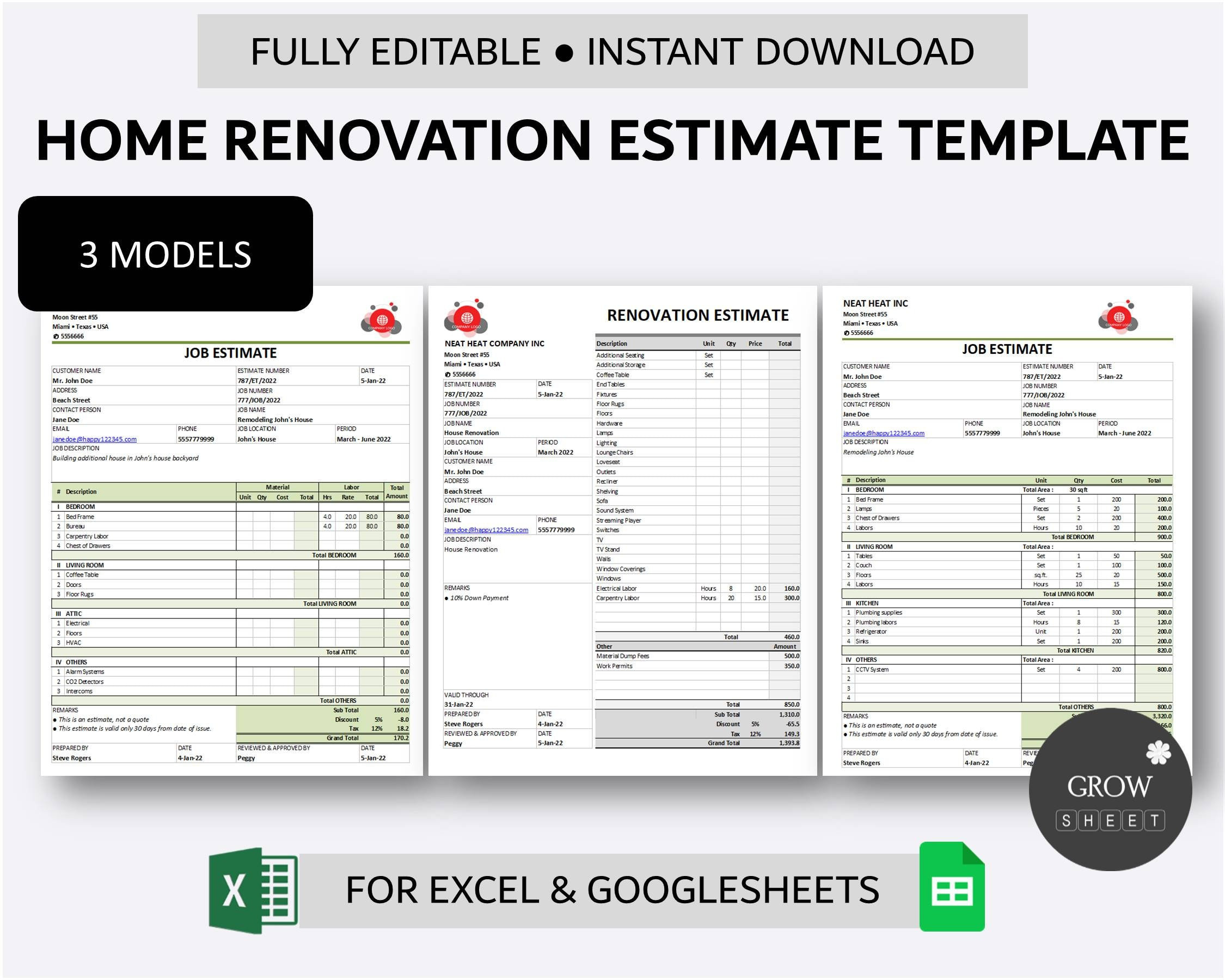 sample home renovation estimate template