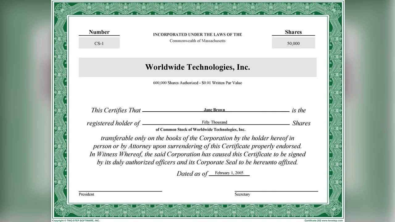 sample Corporation Share Certificate template