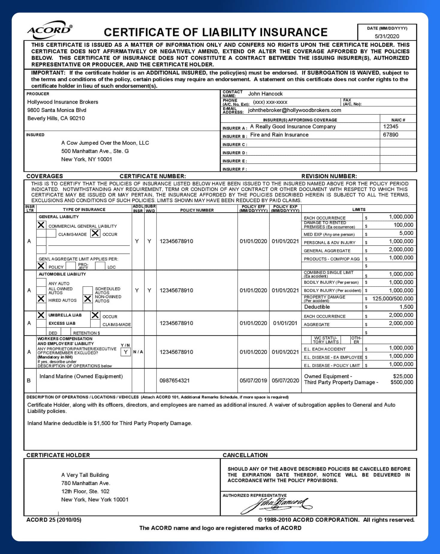 sample Insurance Certificate template