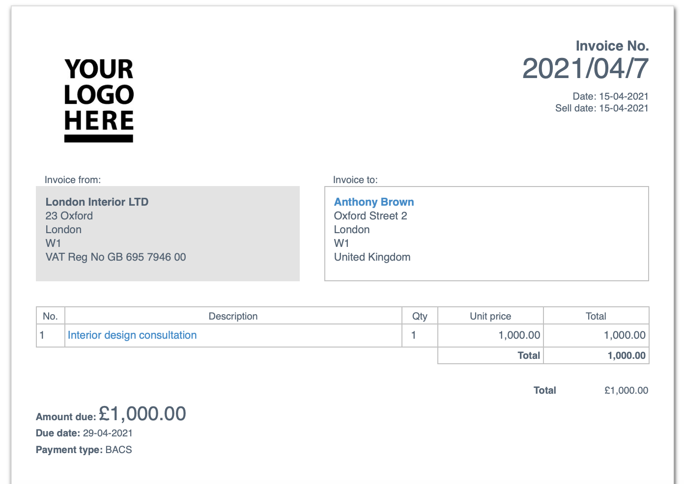 sample formal invoice template