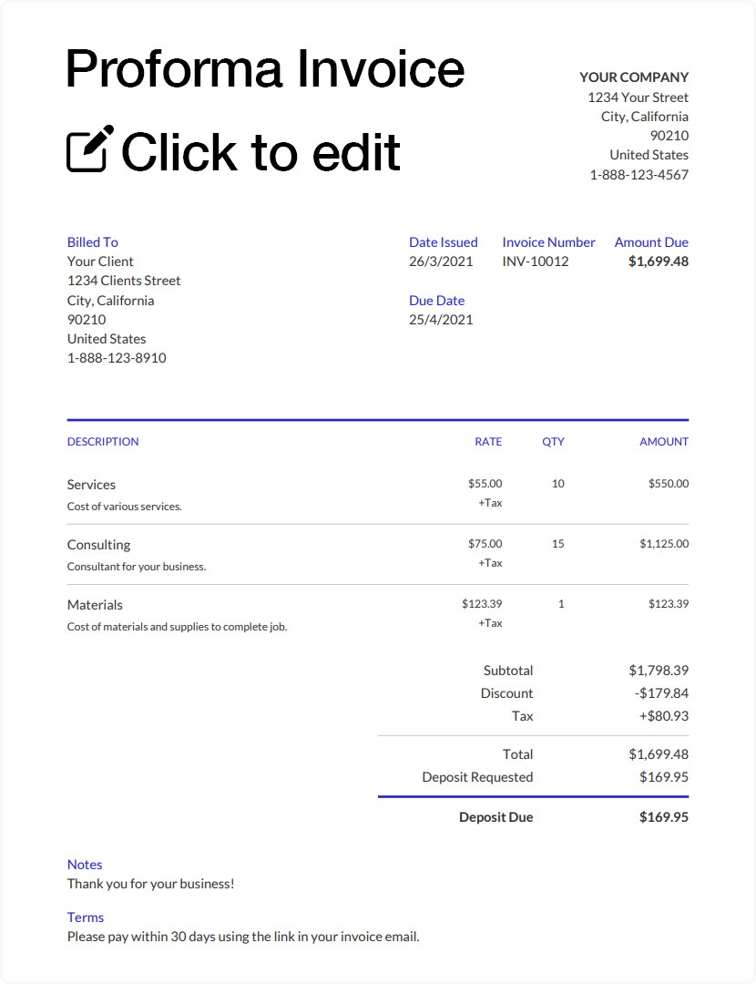 sample proforma invoice template