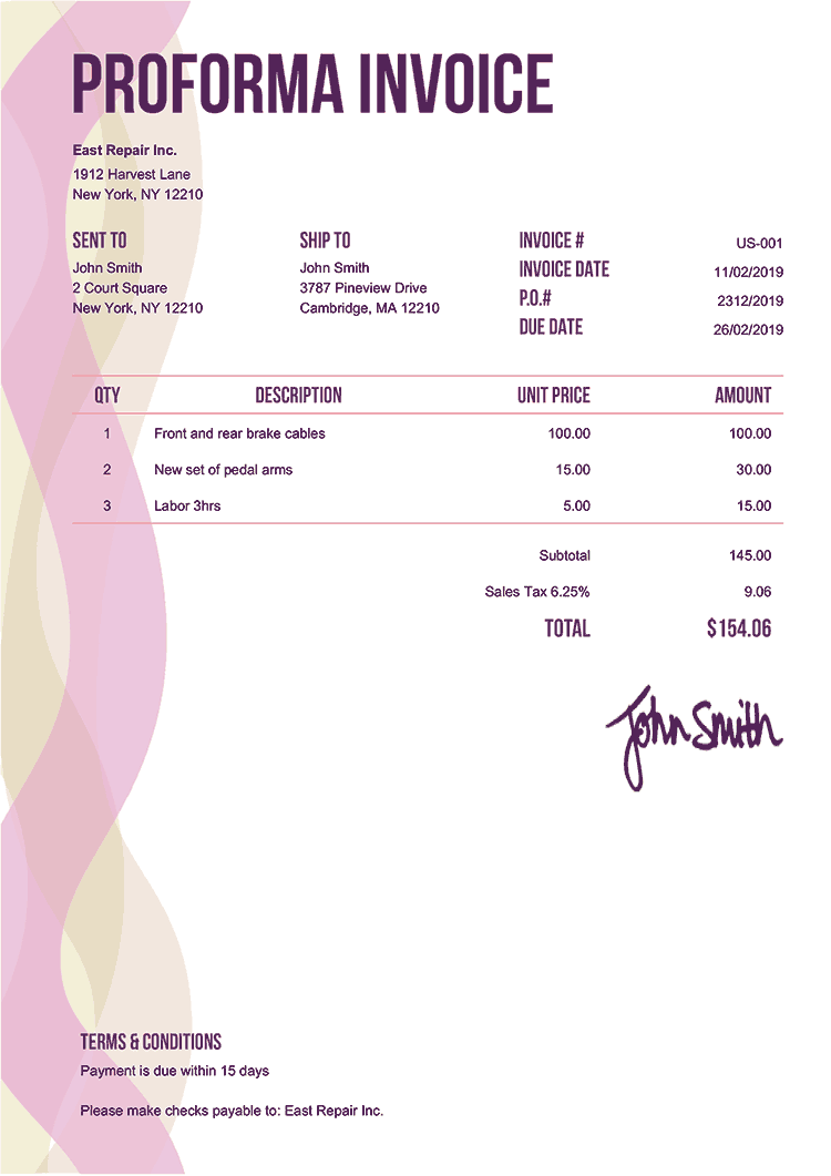 sample proforma invoice template