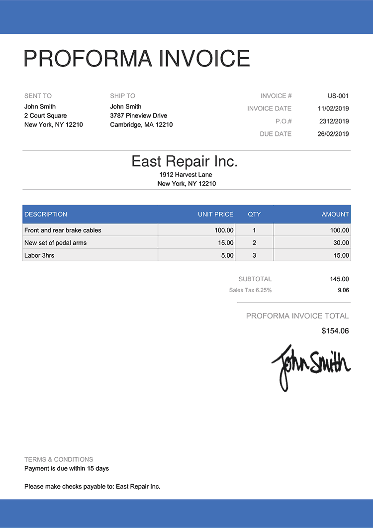 sample proforma invoice template