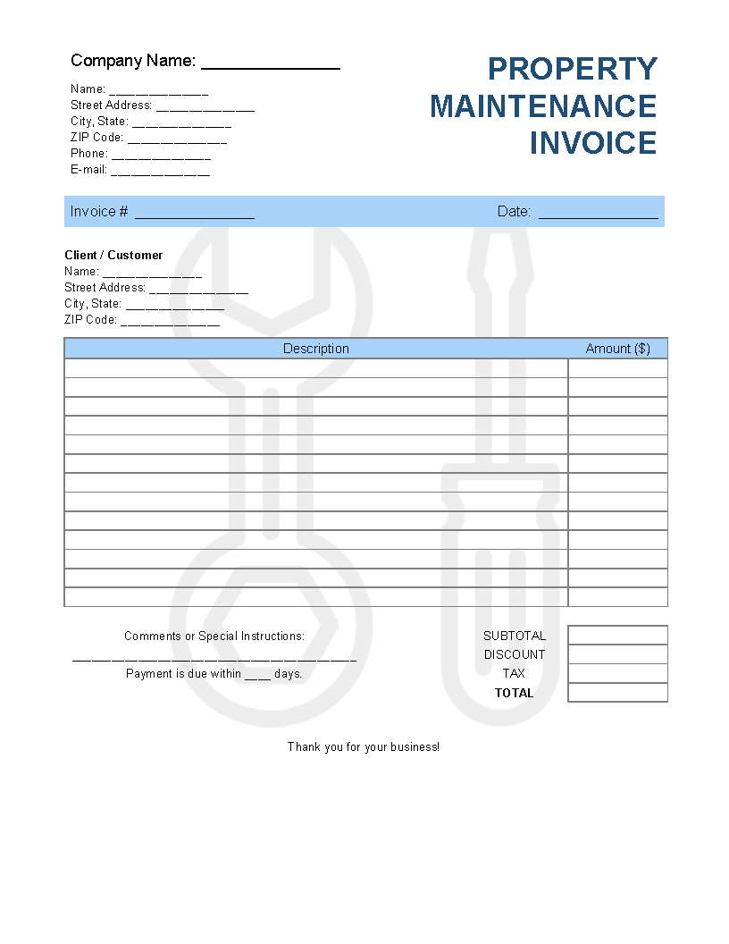 sample property maintenance invoice template