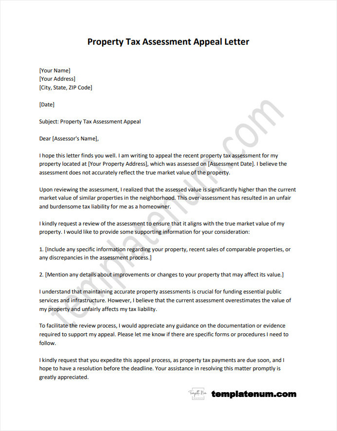 Property Tax Assessment Appeal Letter Template