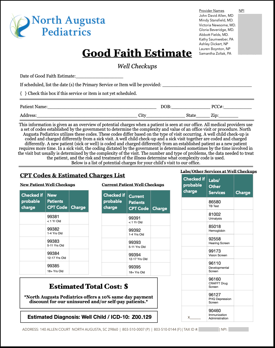 sample good faith estimate for therapists template