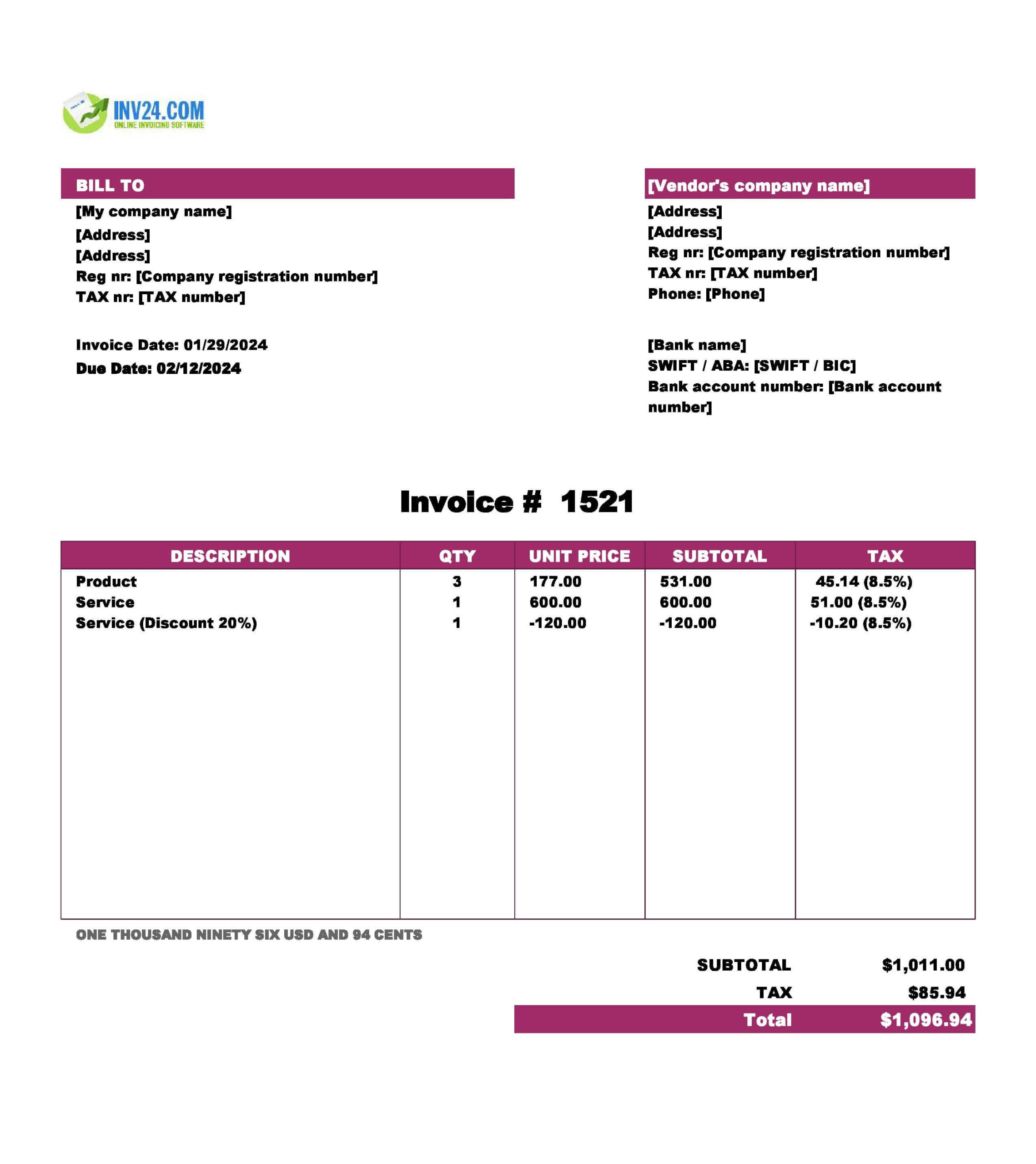 sample purchasing invoice template