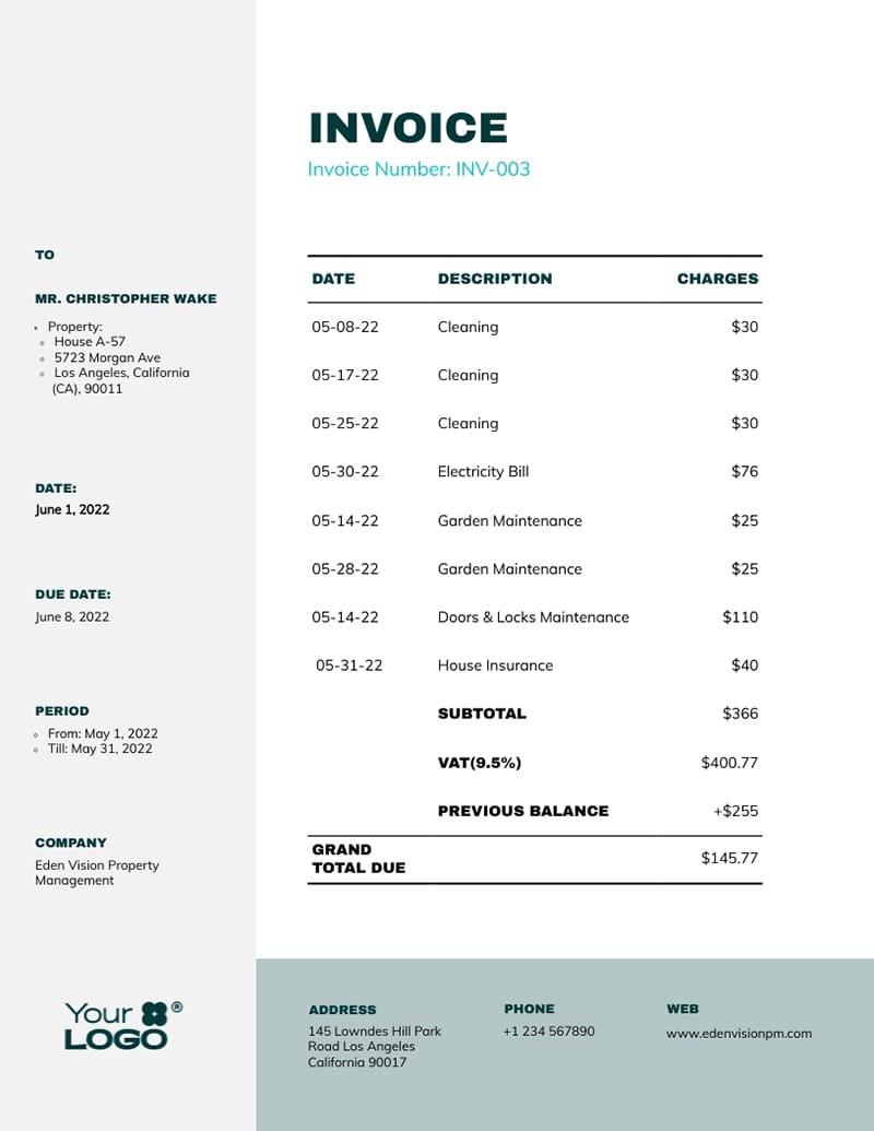 sample property management invoice template