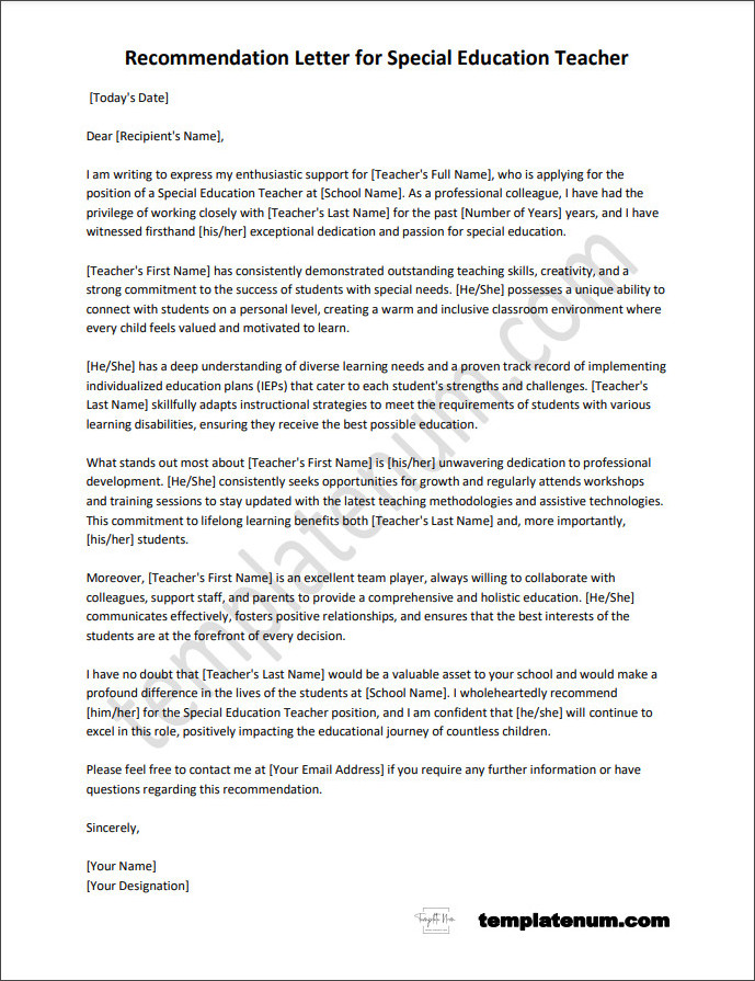 Printable recommendation letter for special education teacher template available in Word for easy editing