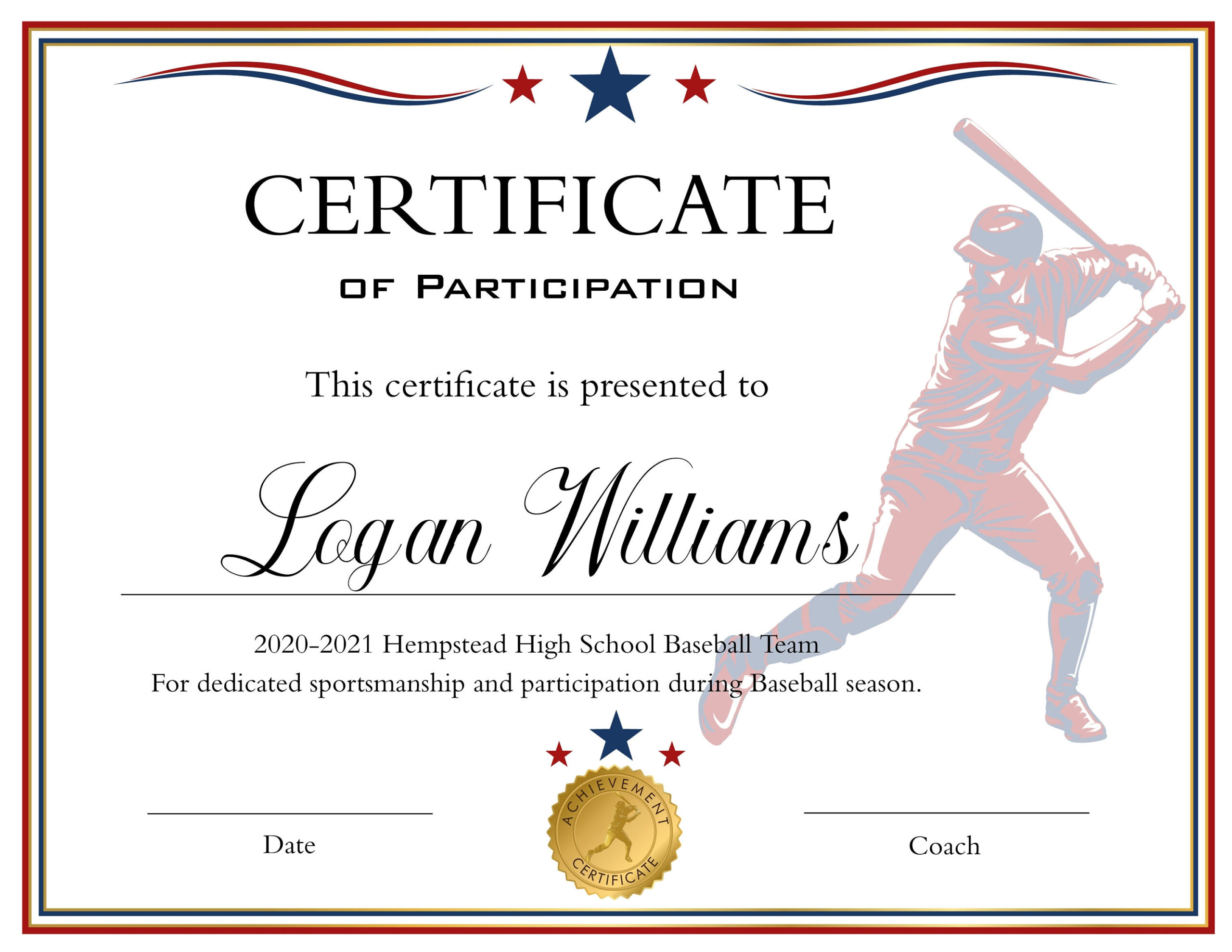 sample Baseball Certificate template