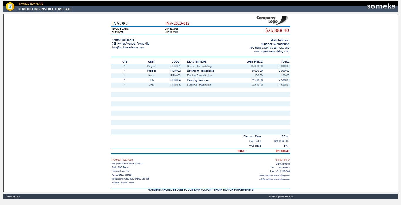 sample remodeling invoice template