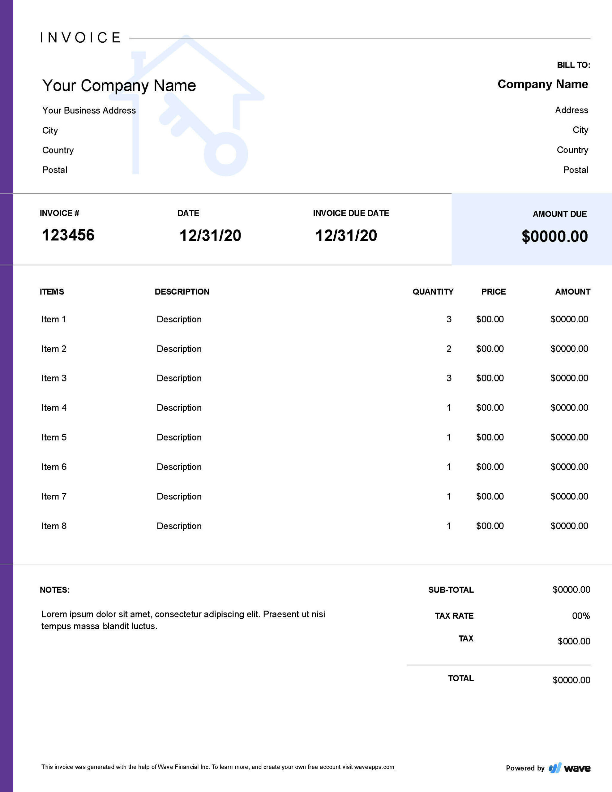 sample rental invoice template