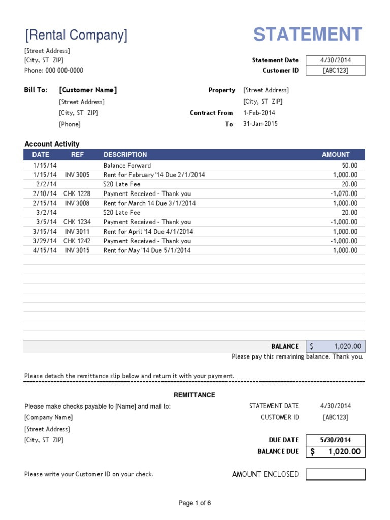 sample rental billing statement template