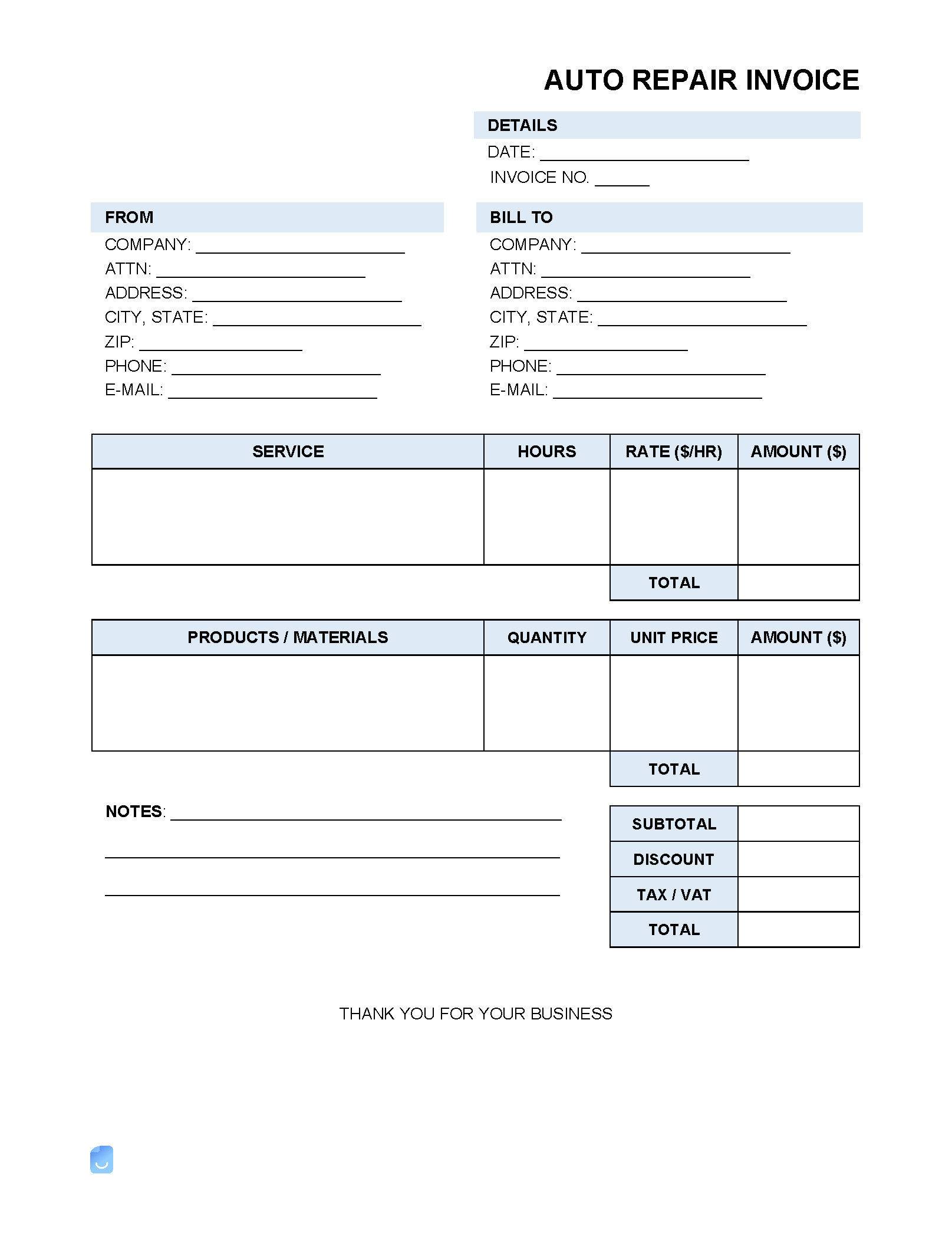 sample truck repair invoice template