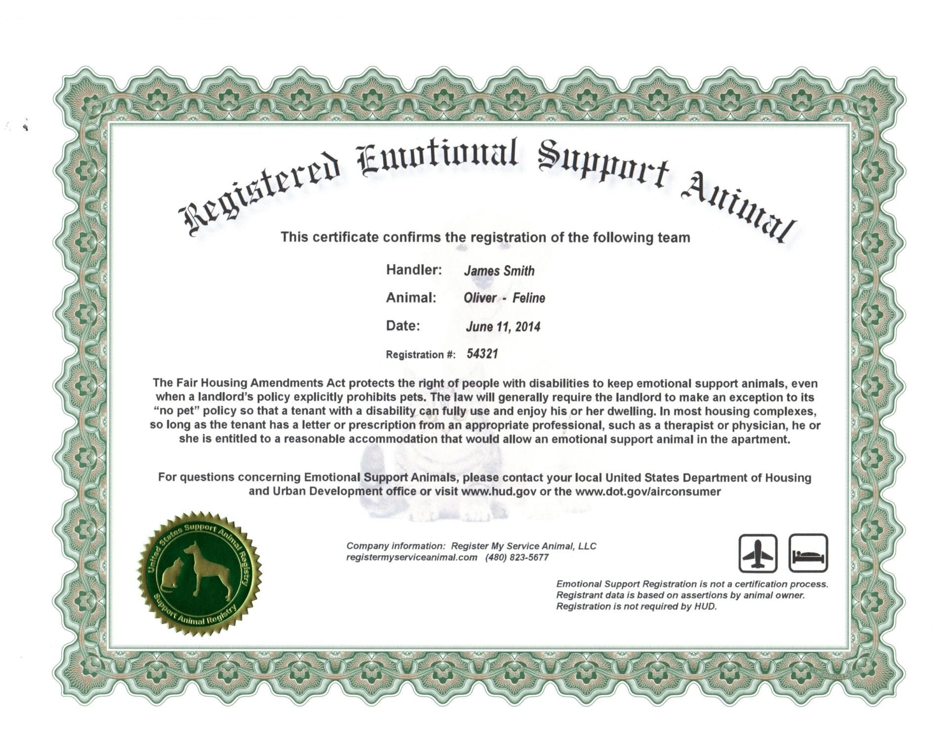 sample Emotional Support Animal Certificate template