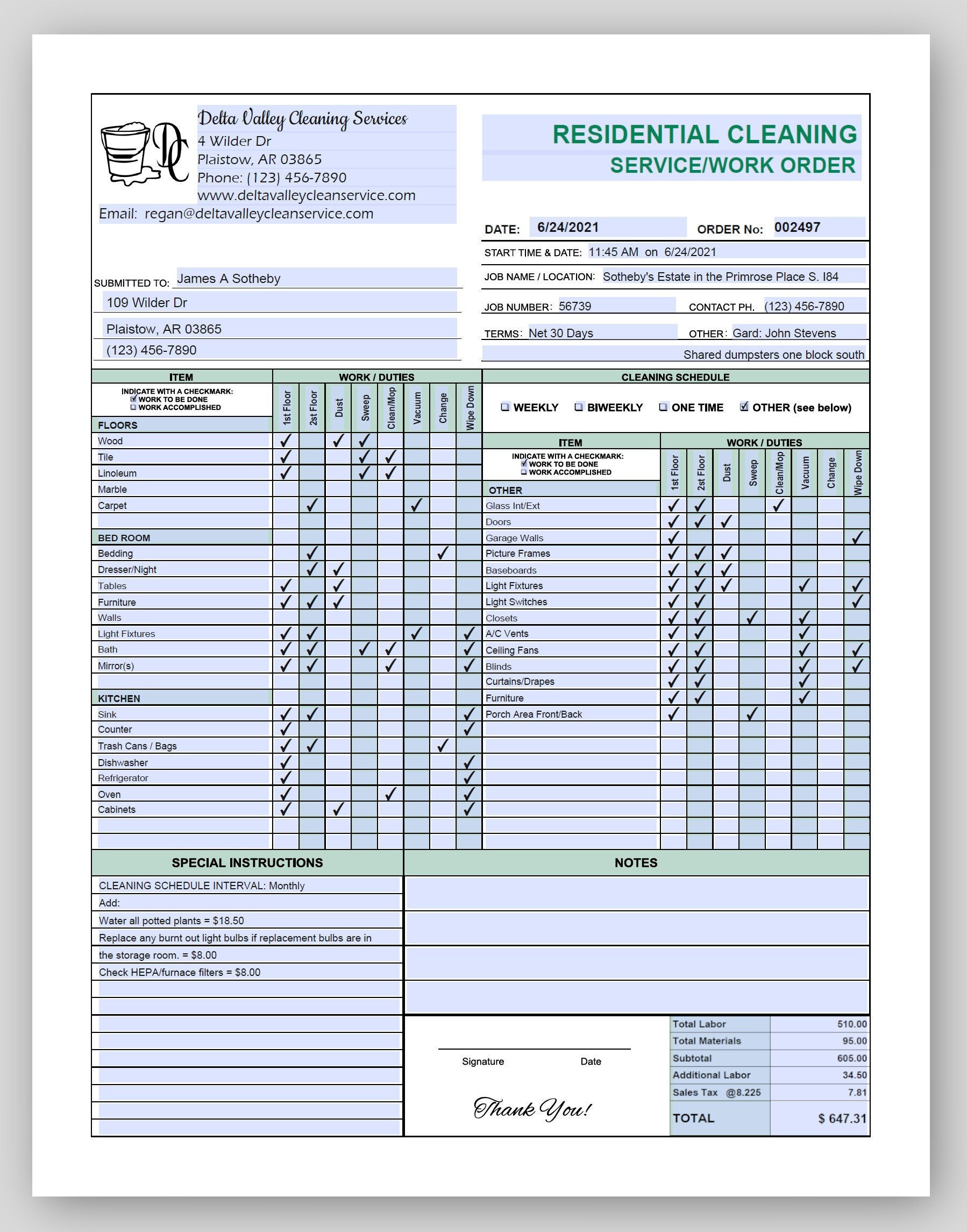 sample cleaning estimate template