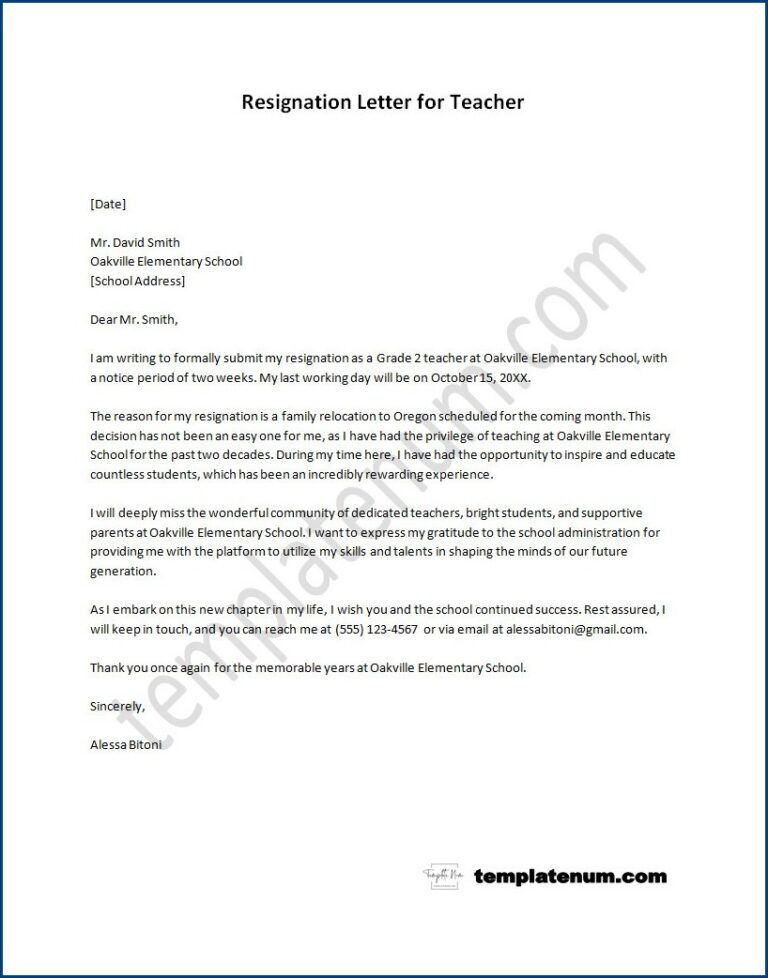 Resignation Letter Template for Teacher (Example)