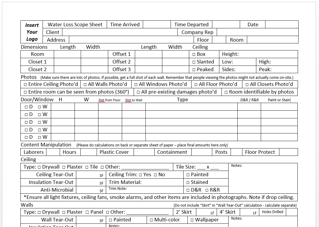 sample water damage estimate template