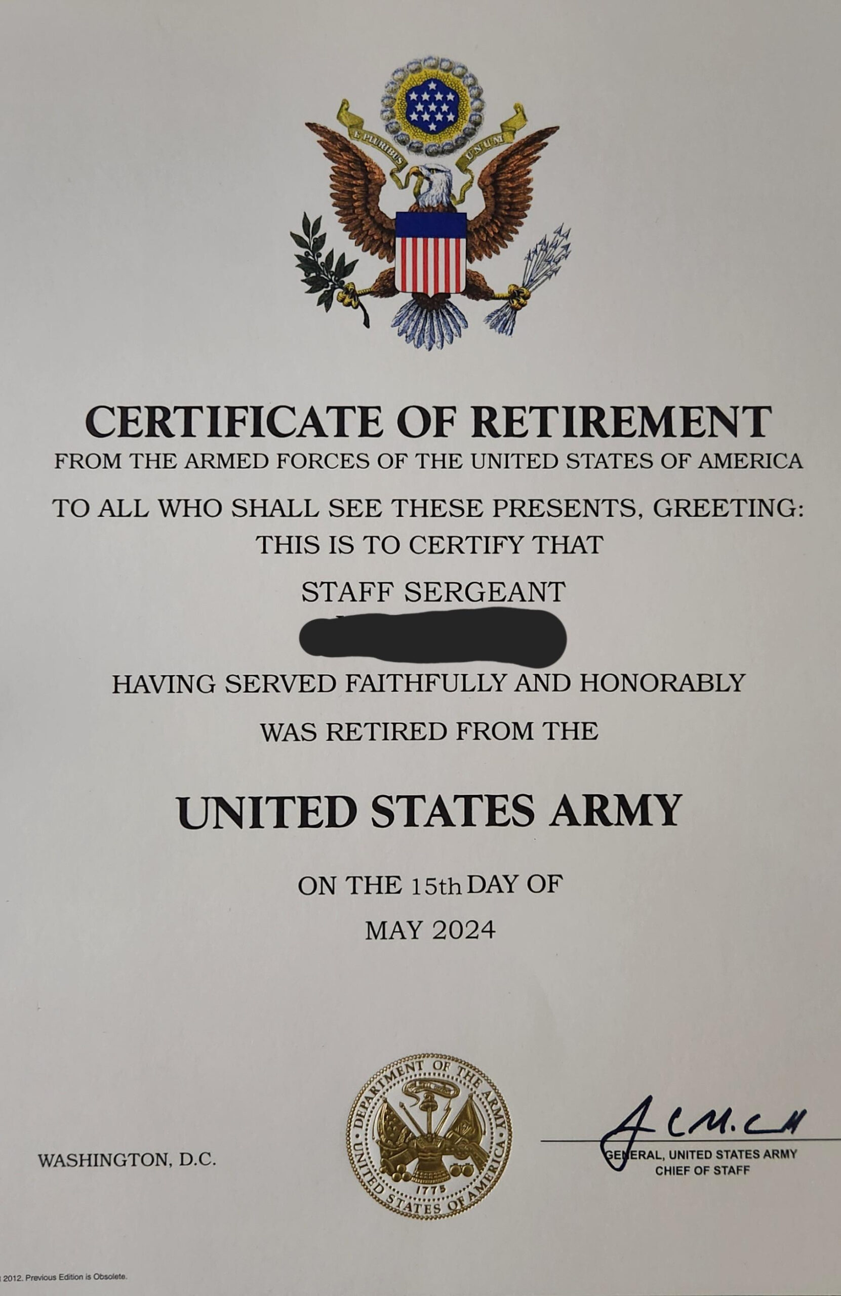 sample Retirement Certificate template