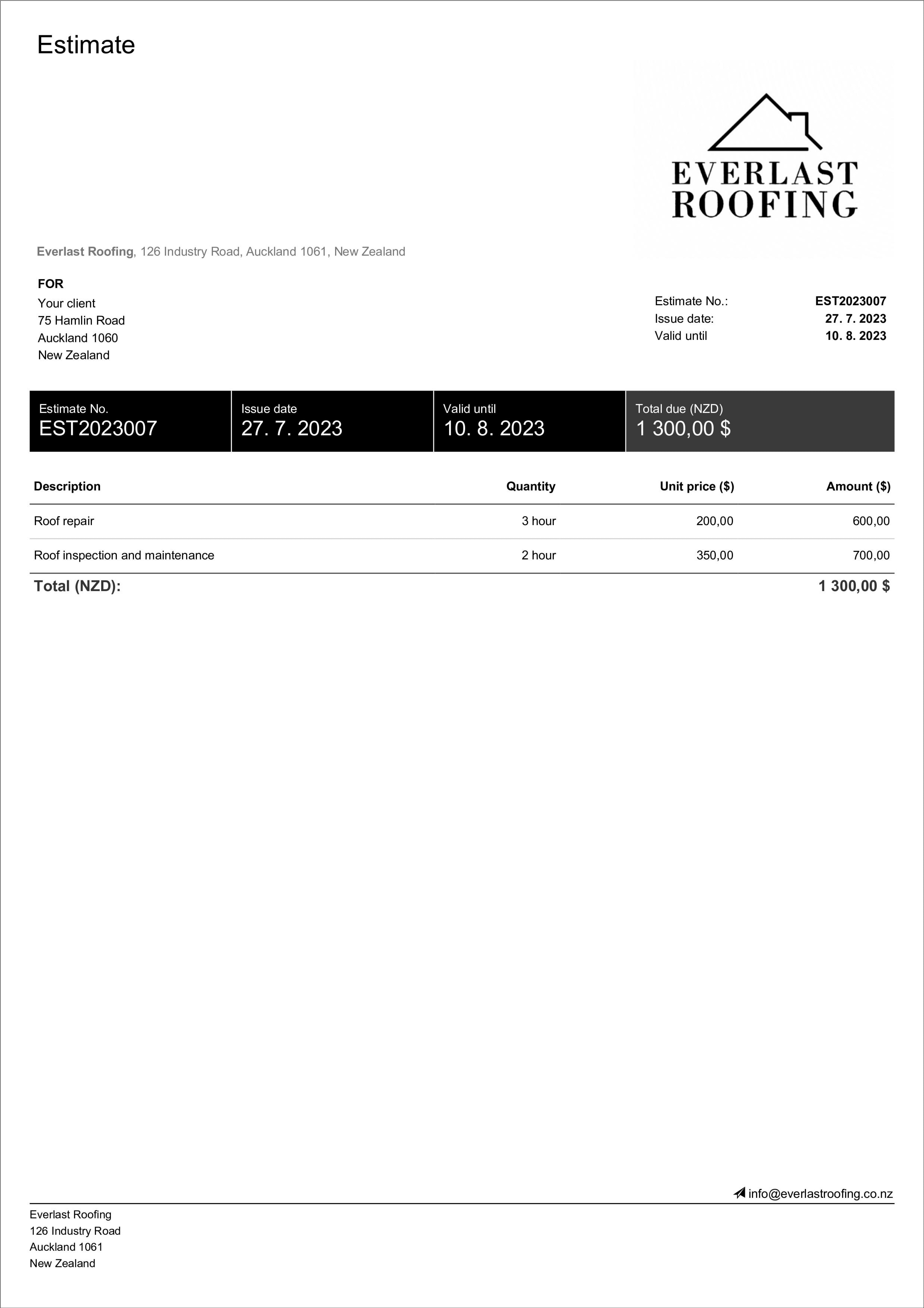 sample roof estimate template