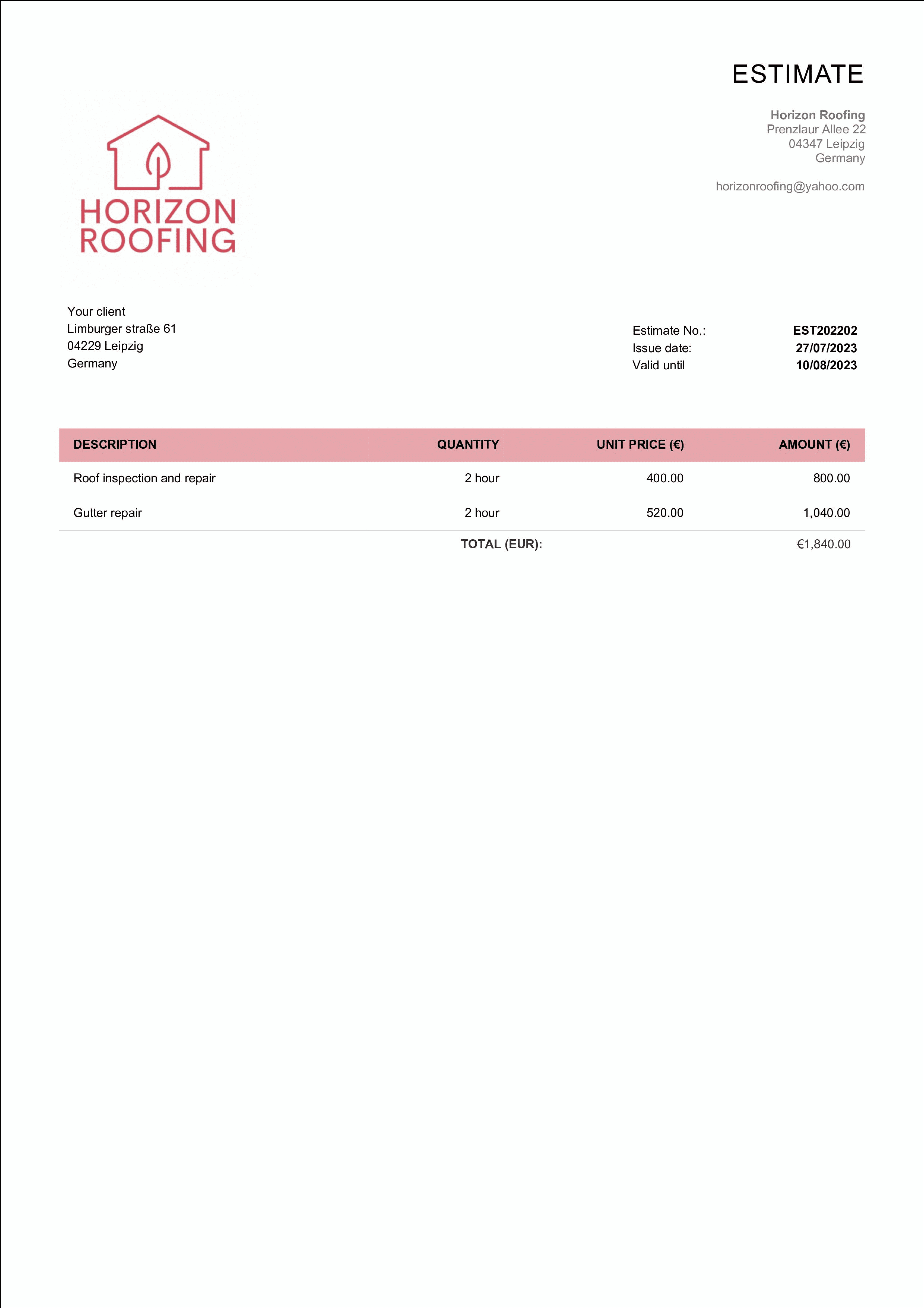 sample roof estimate template