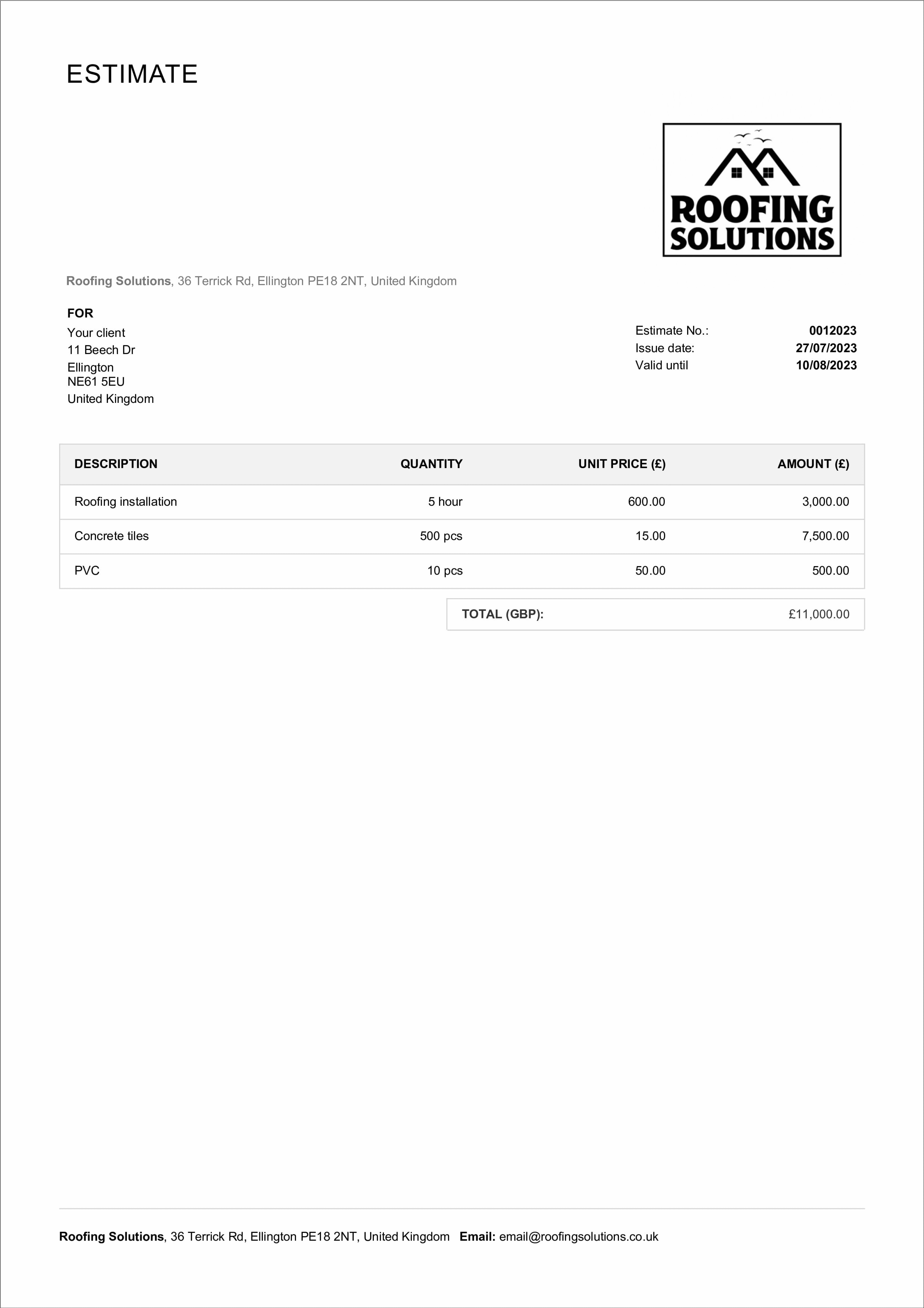 sample roof estimate template