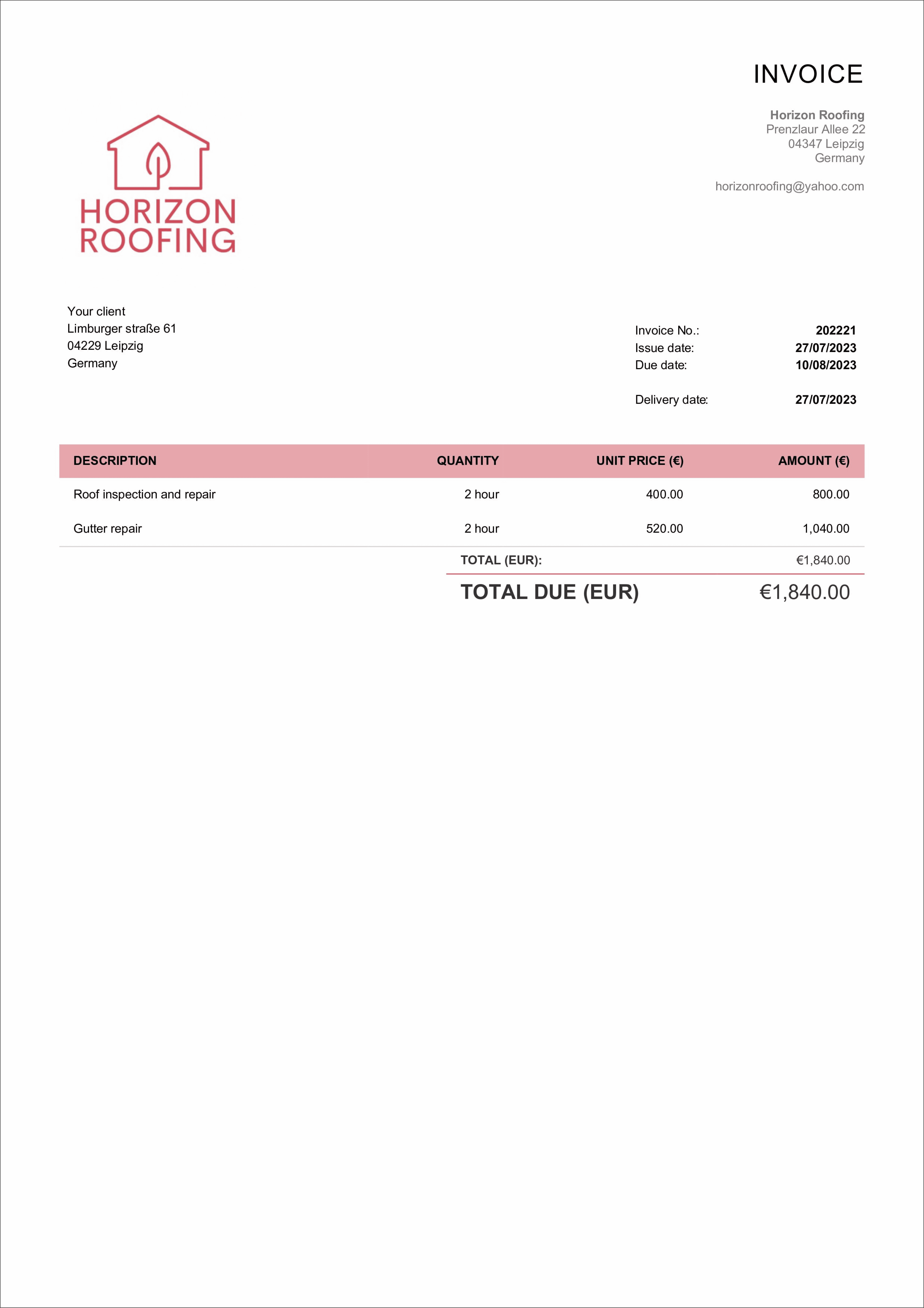 roofing invoice template