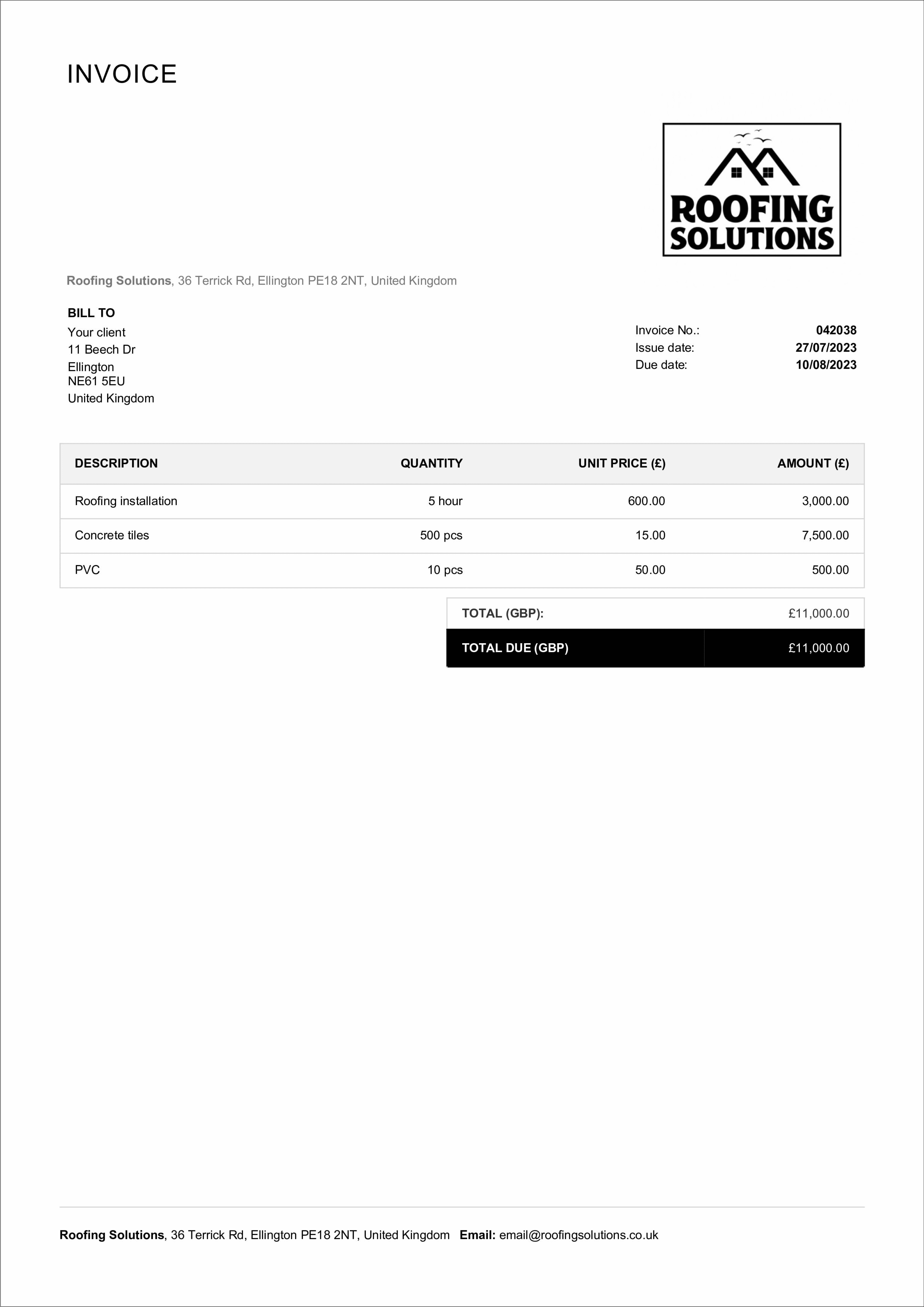 roofing invoice template