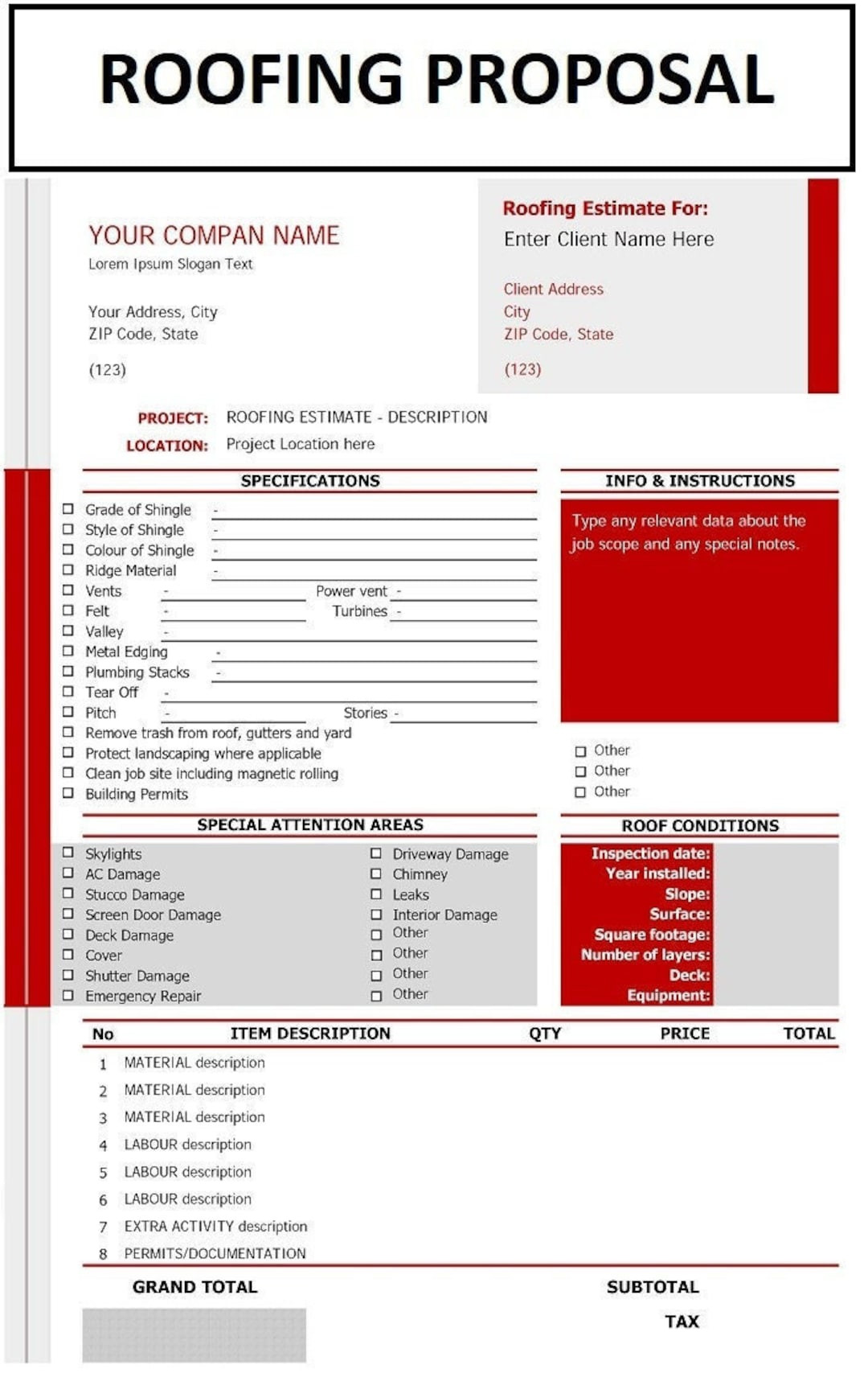 sample roof estimate template