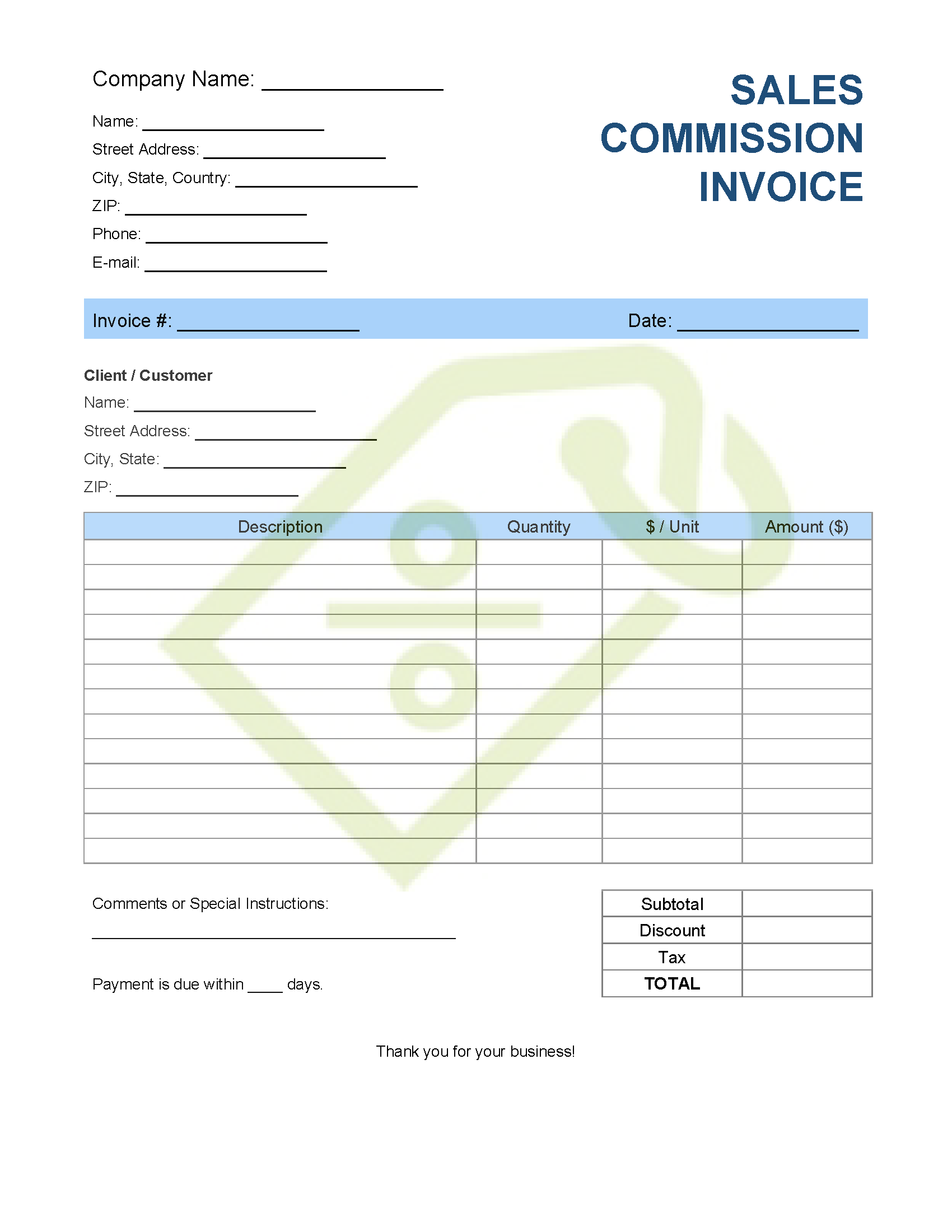 sample commission invoice template