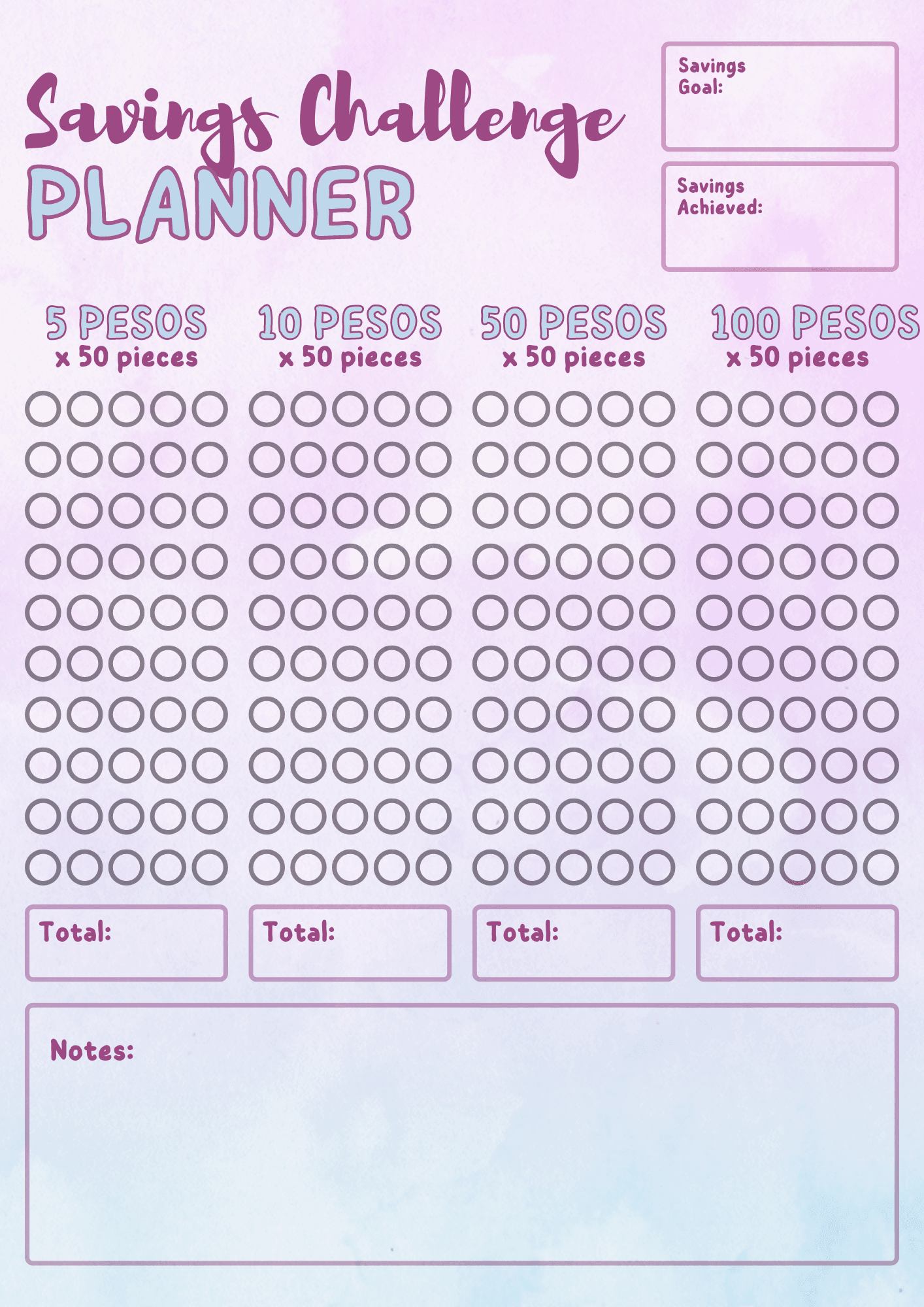 sample savings planner template