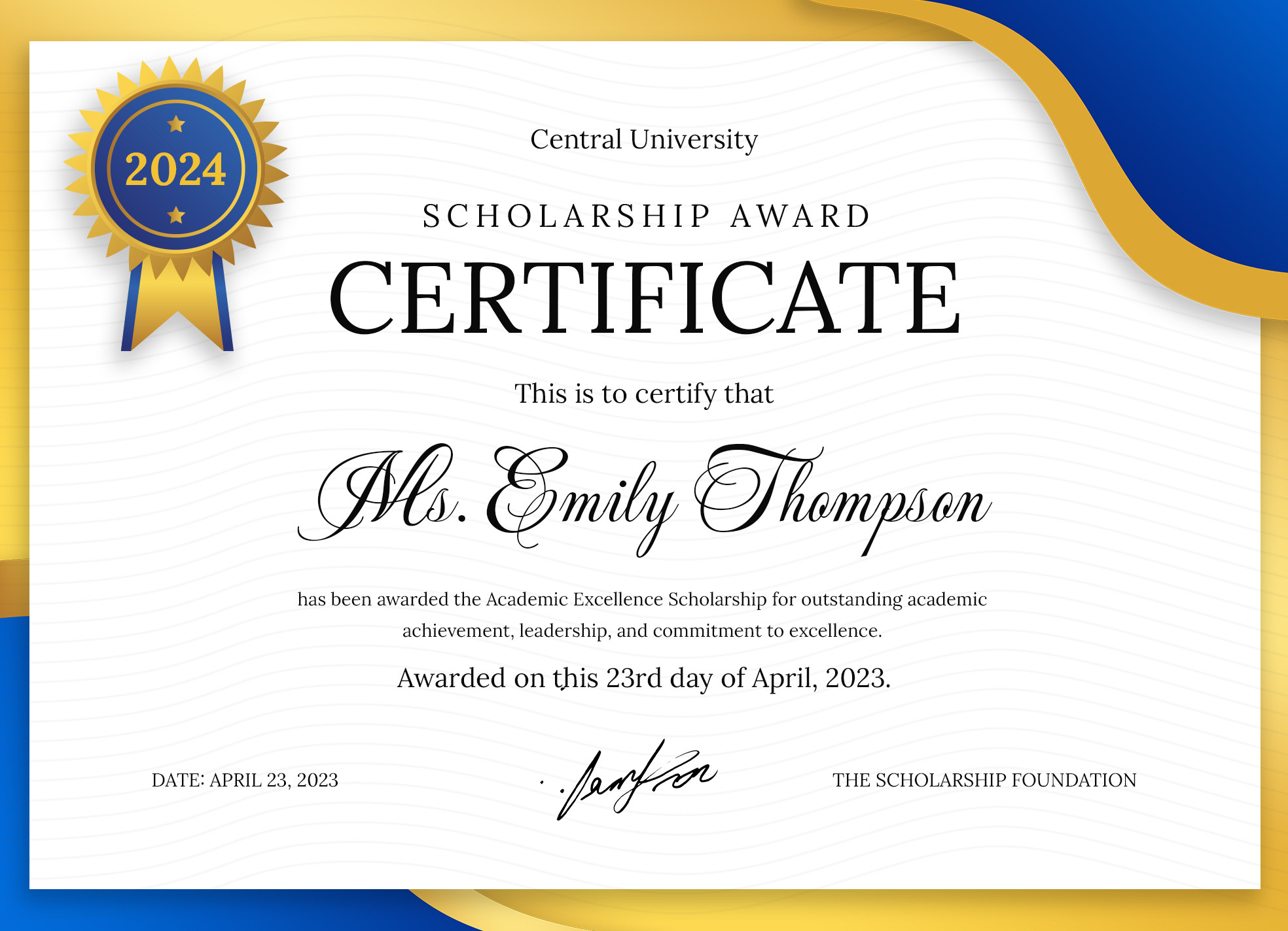 sample scholarship award certificate template