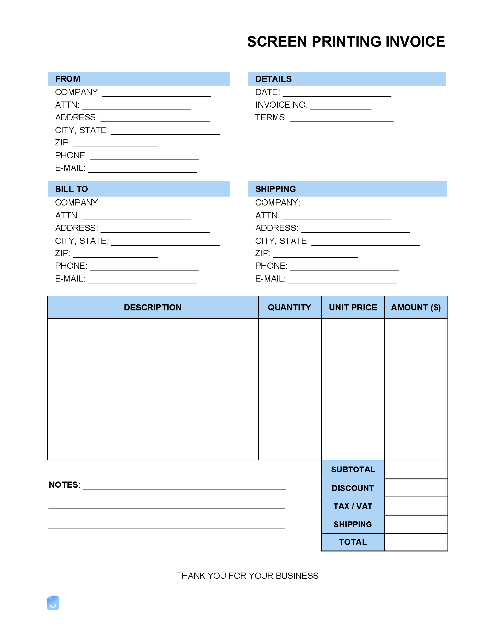 sample screen printing invoice template