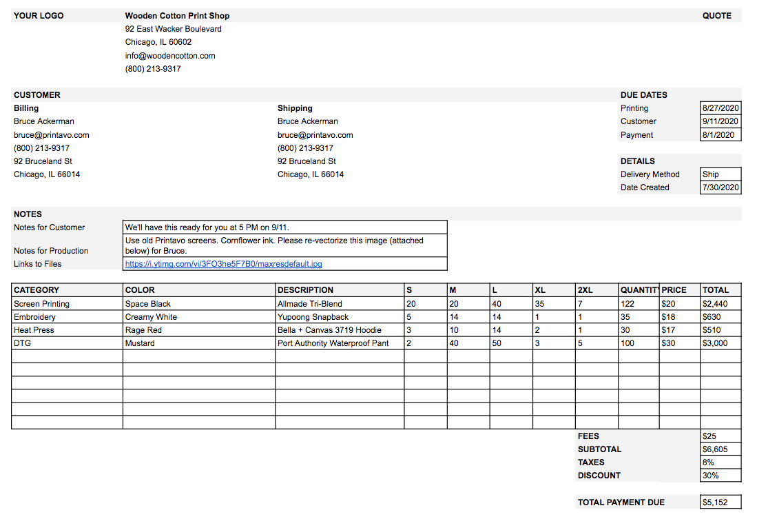 sample screen printing invoice template