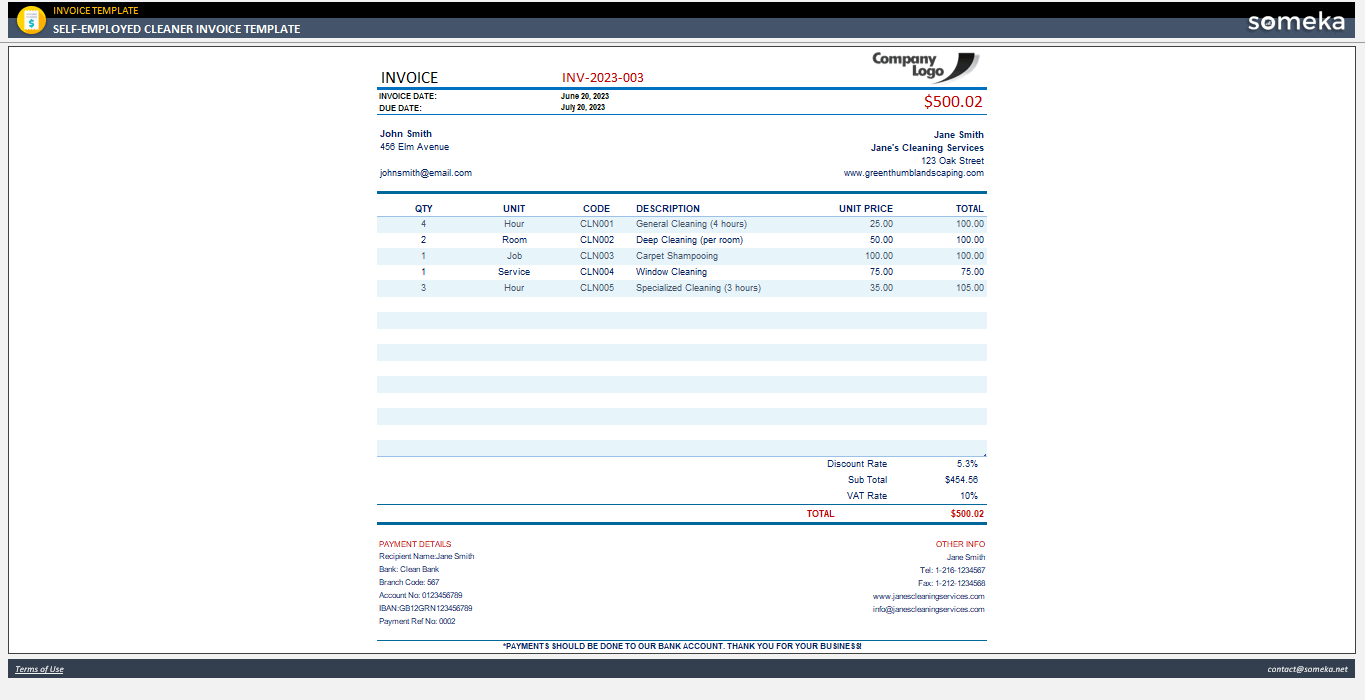 self employed cleaner invoice template