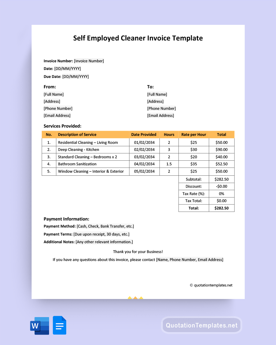 self employed cleaner invoice template