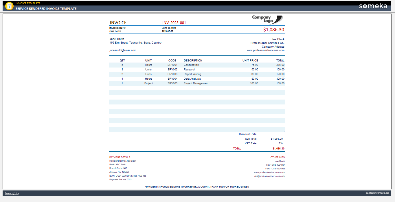 services rendered invoice template