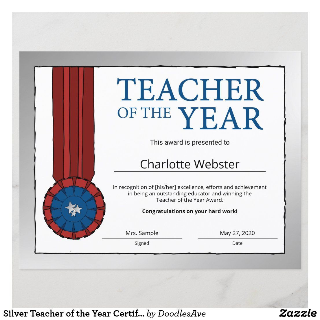 sample teacher of the year award certificate template