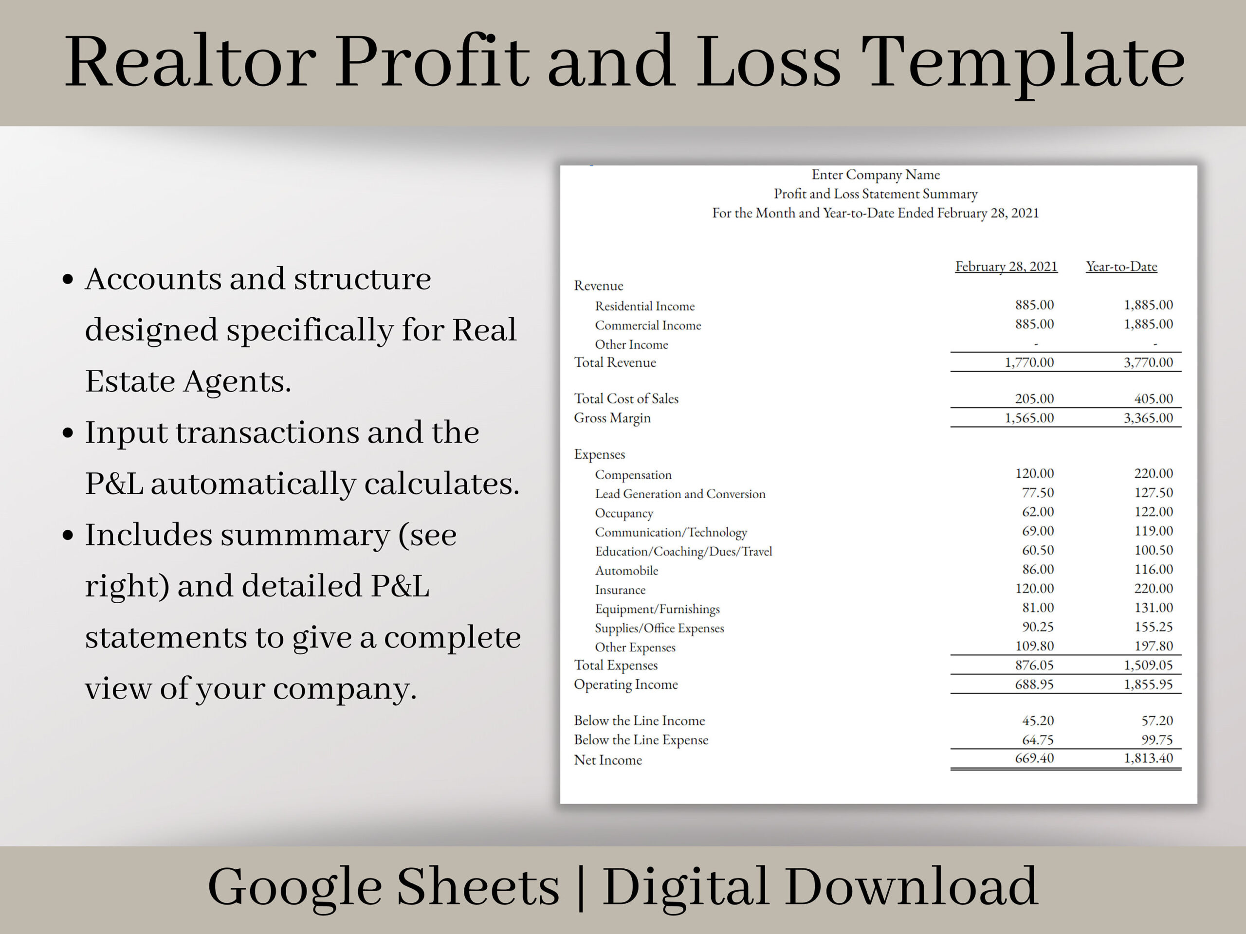 sample real estate profit and loss statement template