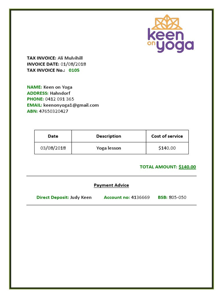 sample yoga invoice template