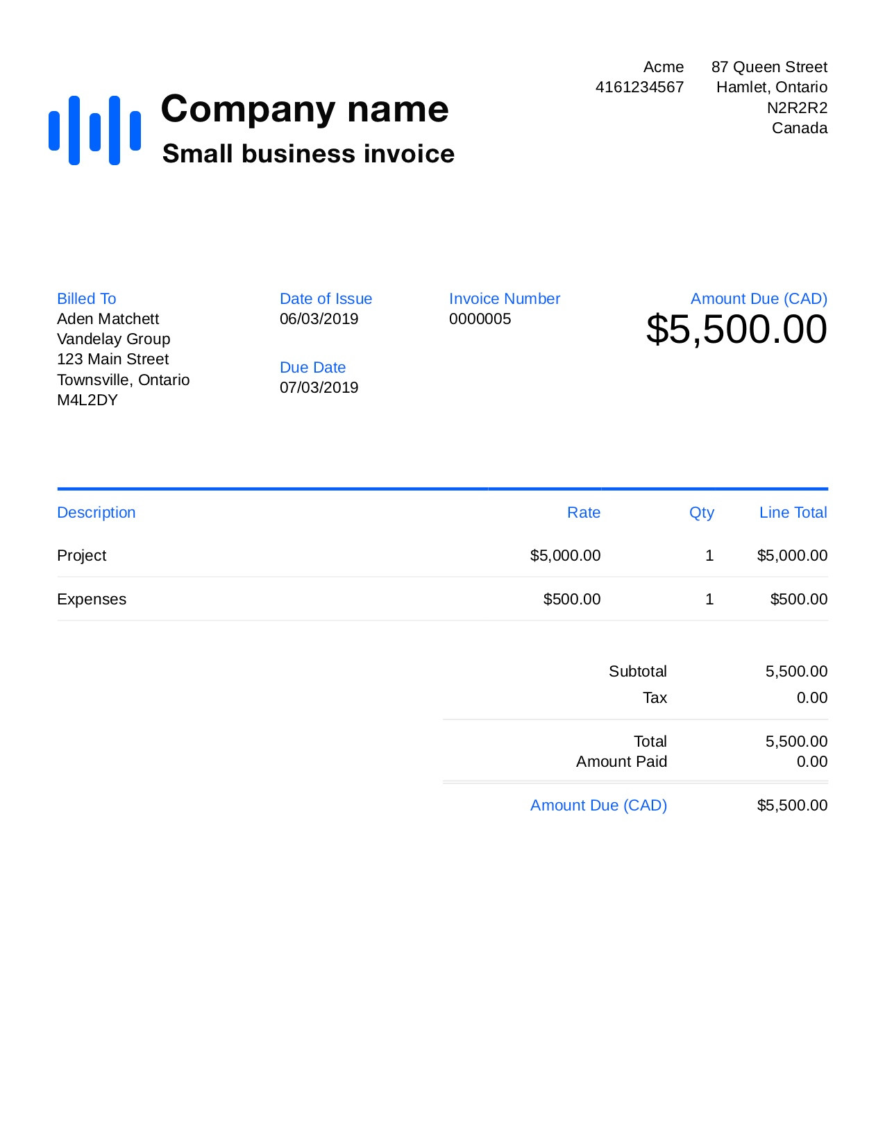 sample invoice for small business template