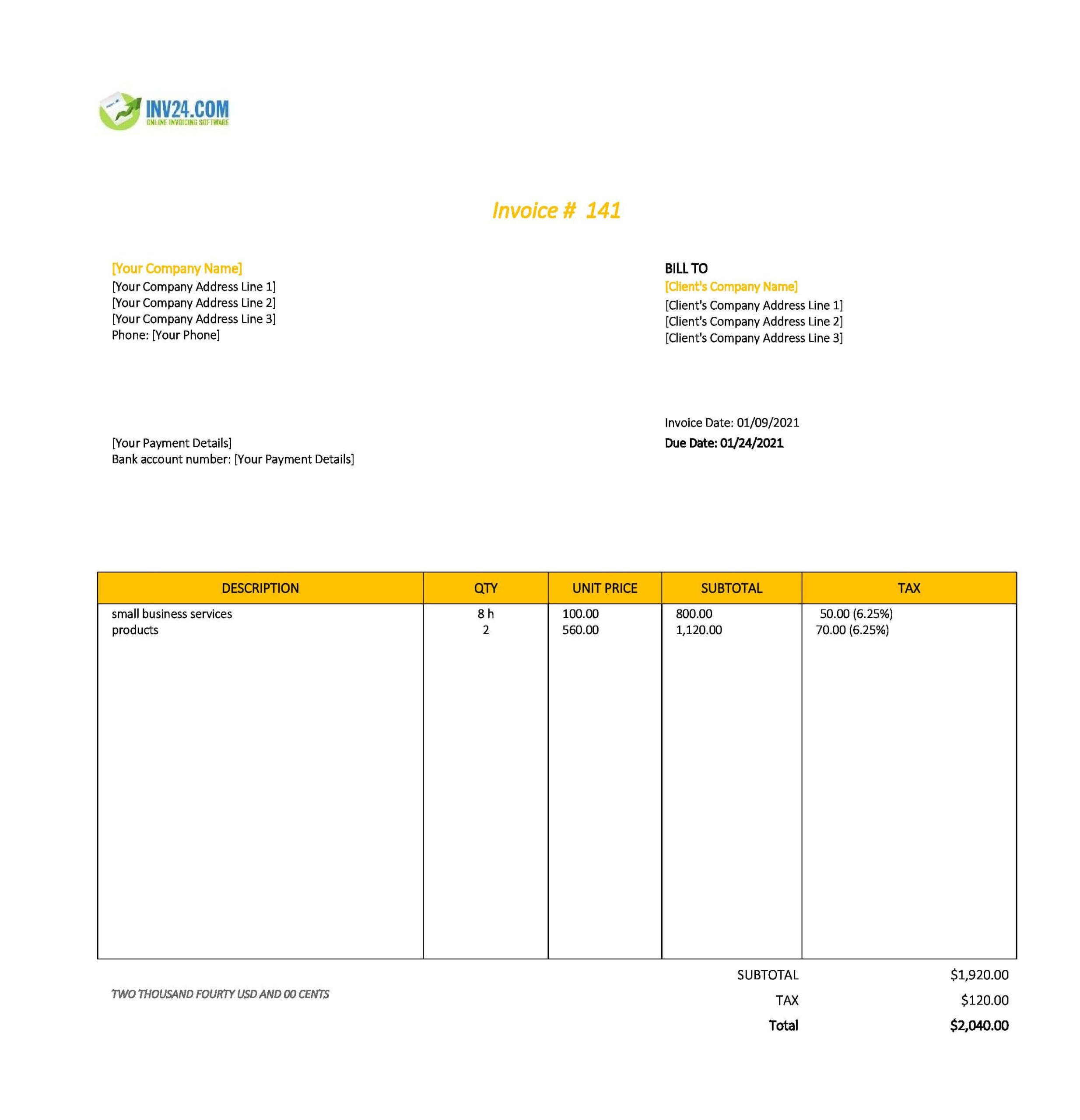 sample invoice for small business template